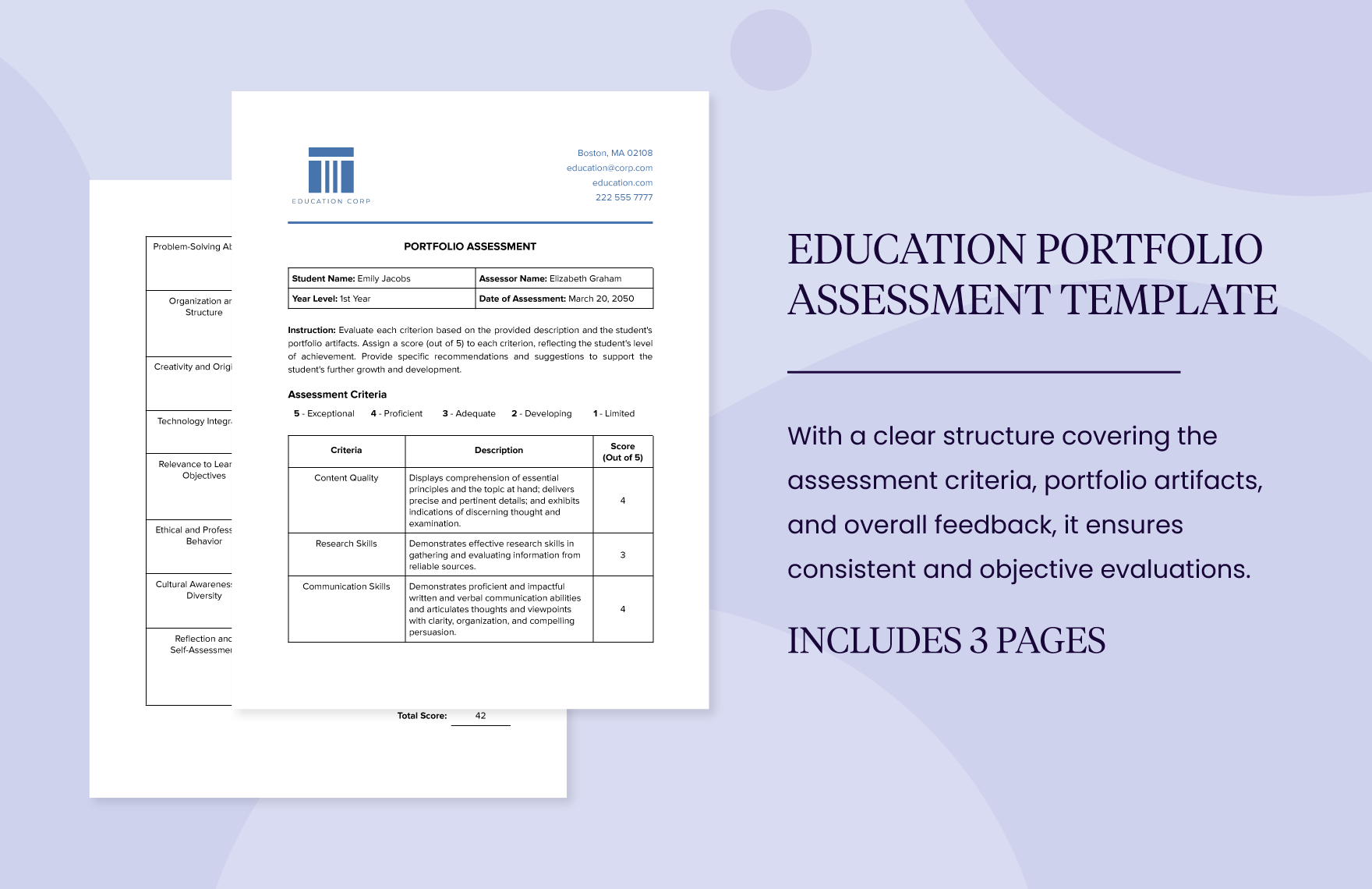 Education Portfolio Assessment Template in Word, Google Docs, PDF