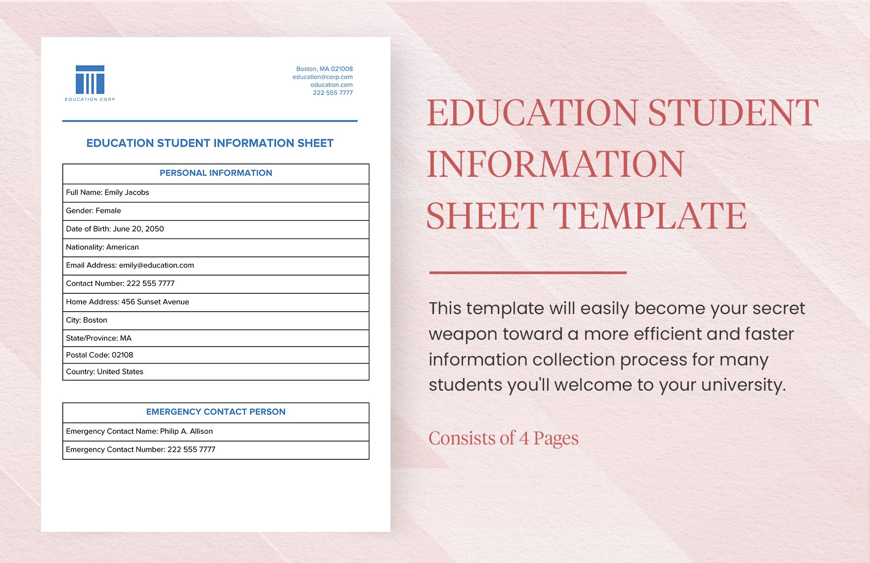 Education Student Information Sheet Template