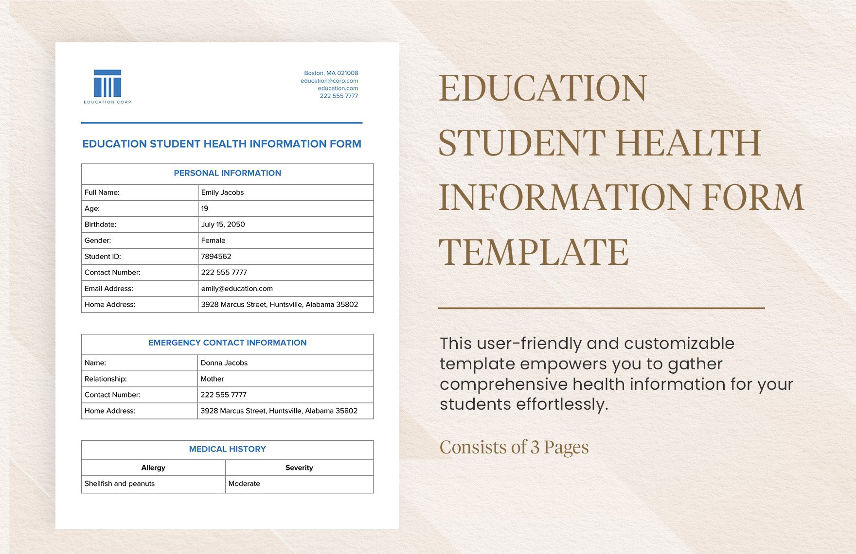 Education Student Health Information Form Template