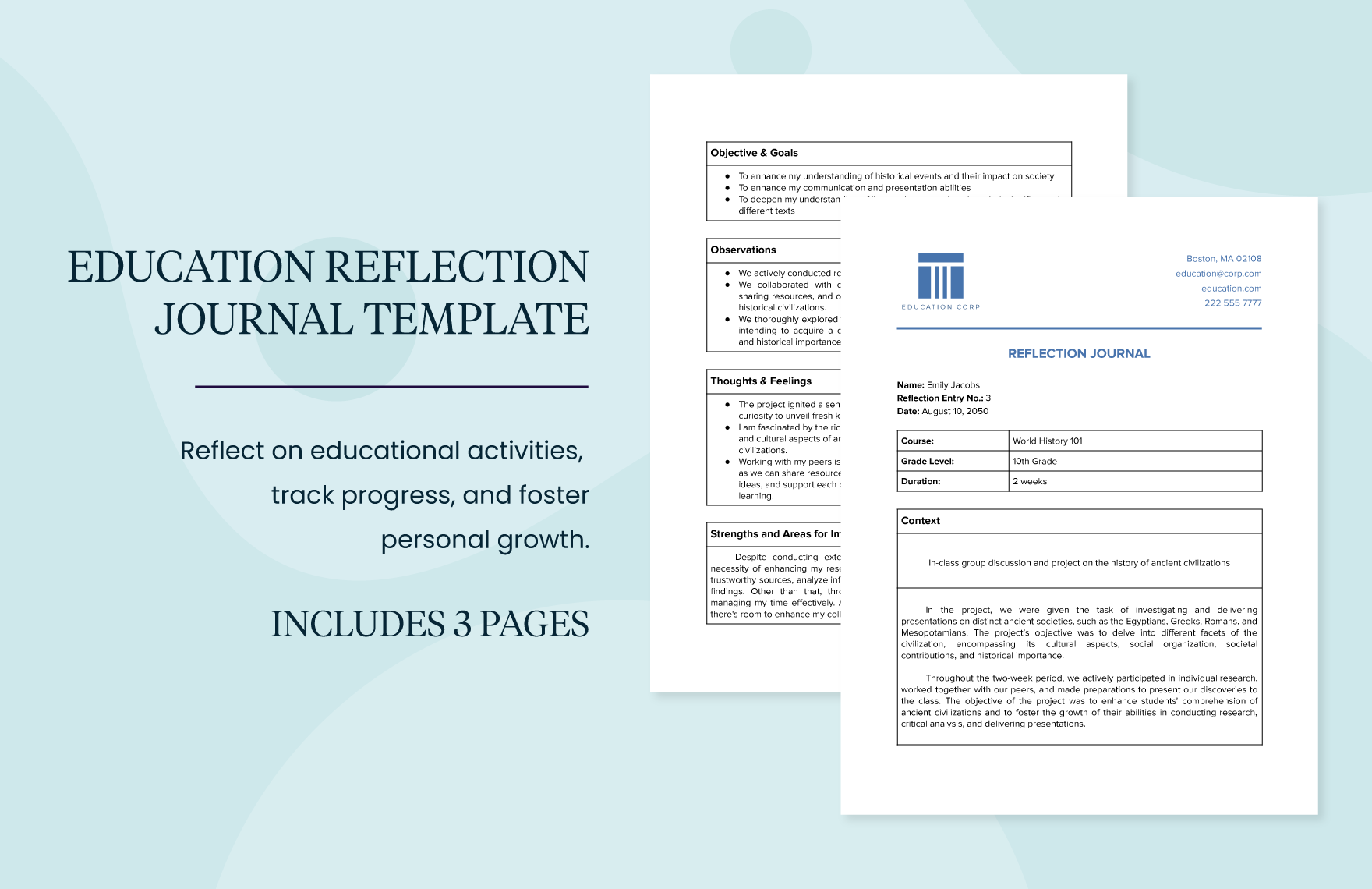 Education Reflection Journal Template in Word, Google Docs, PDF
