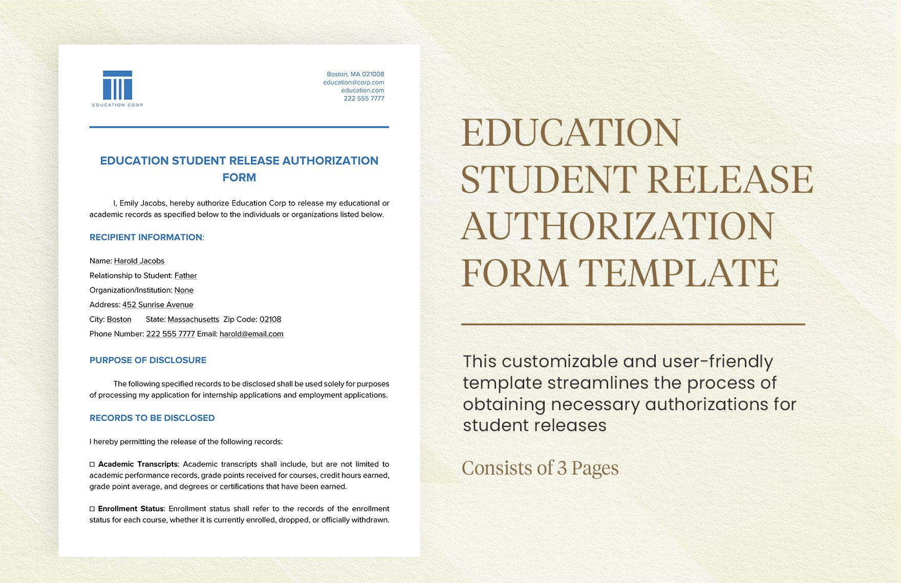 Education Student Release Authorization Form Template