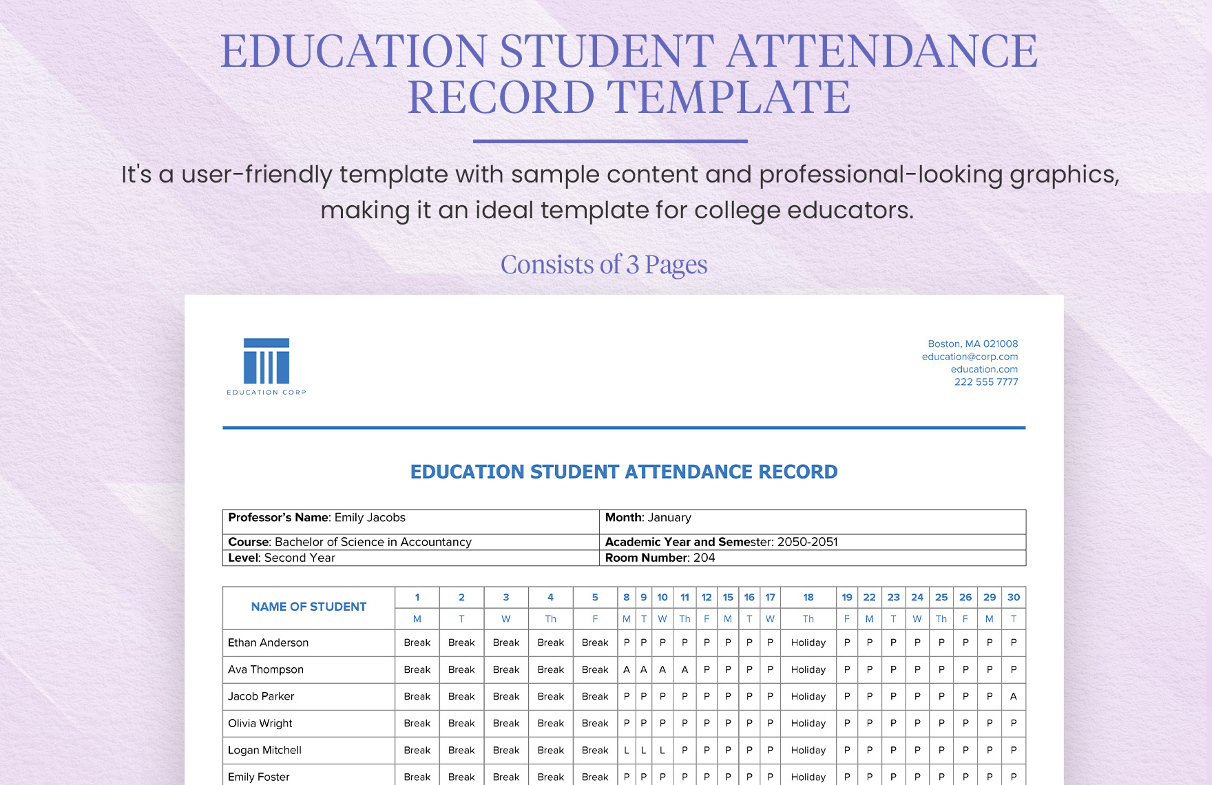 Education Student Attendance Record Template in Word, Google Docs, PDF