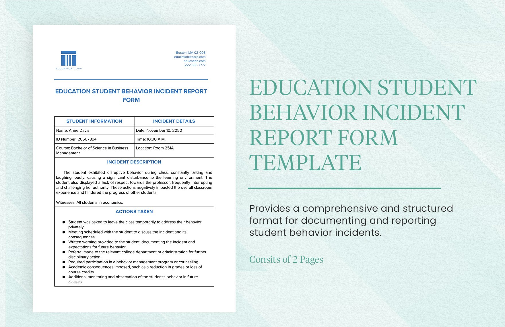 Education Student Behavior Incident Report Form Template