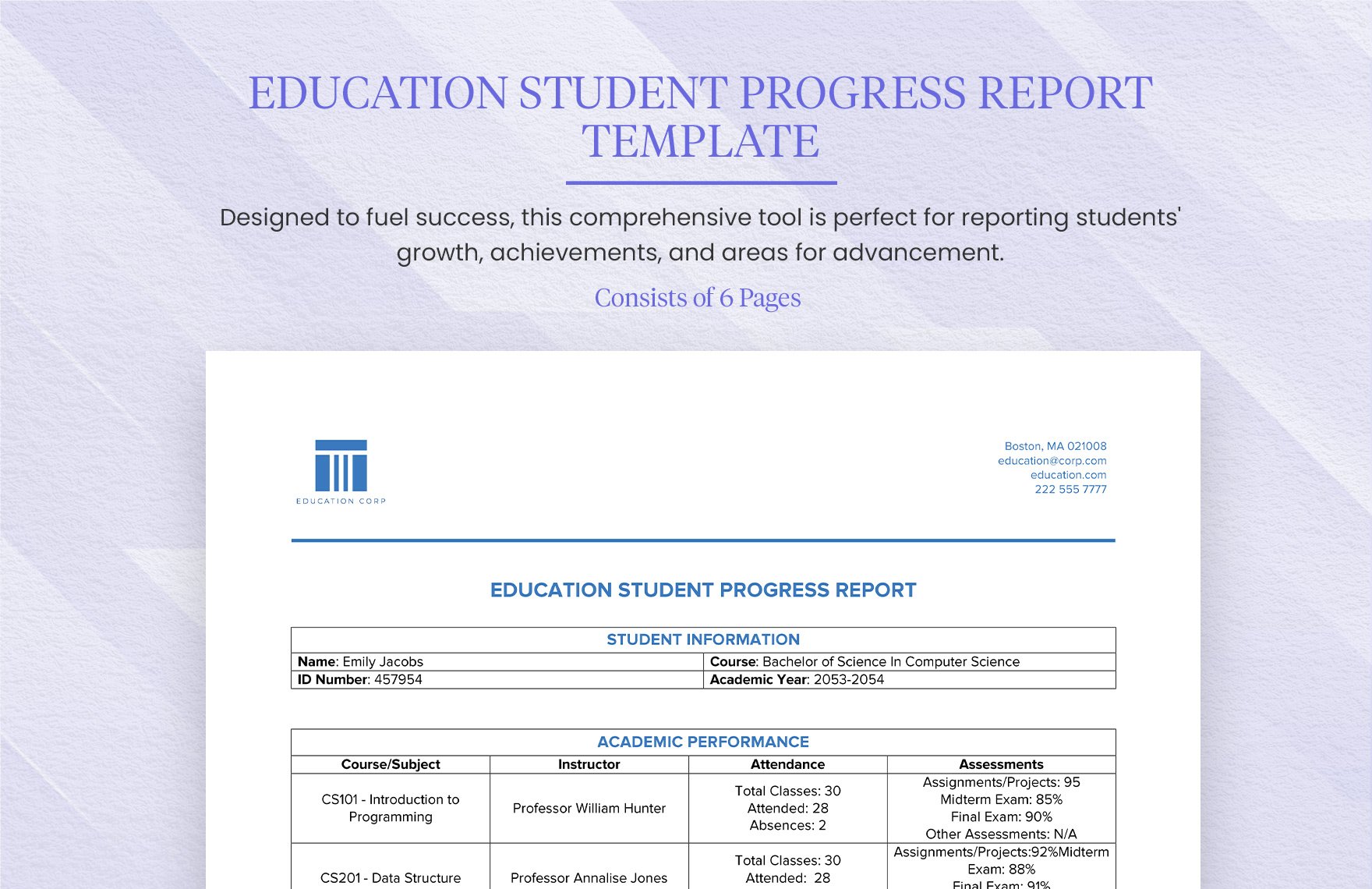 Education Student Progress Report Template