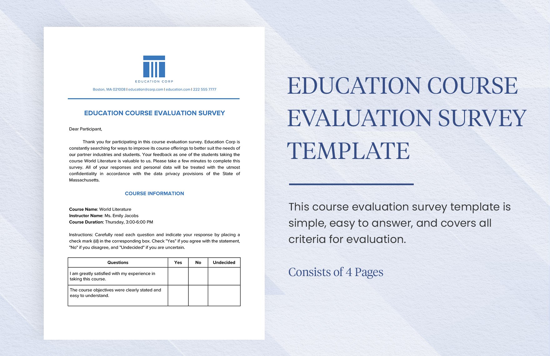 Education Course Evaluation Survey Template