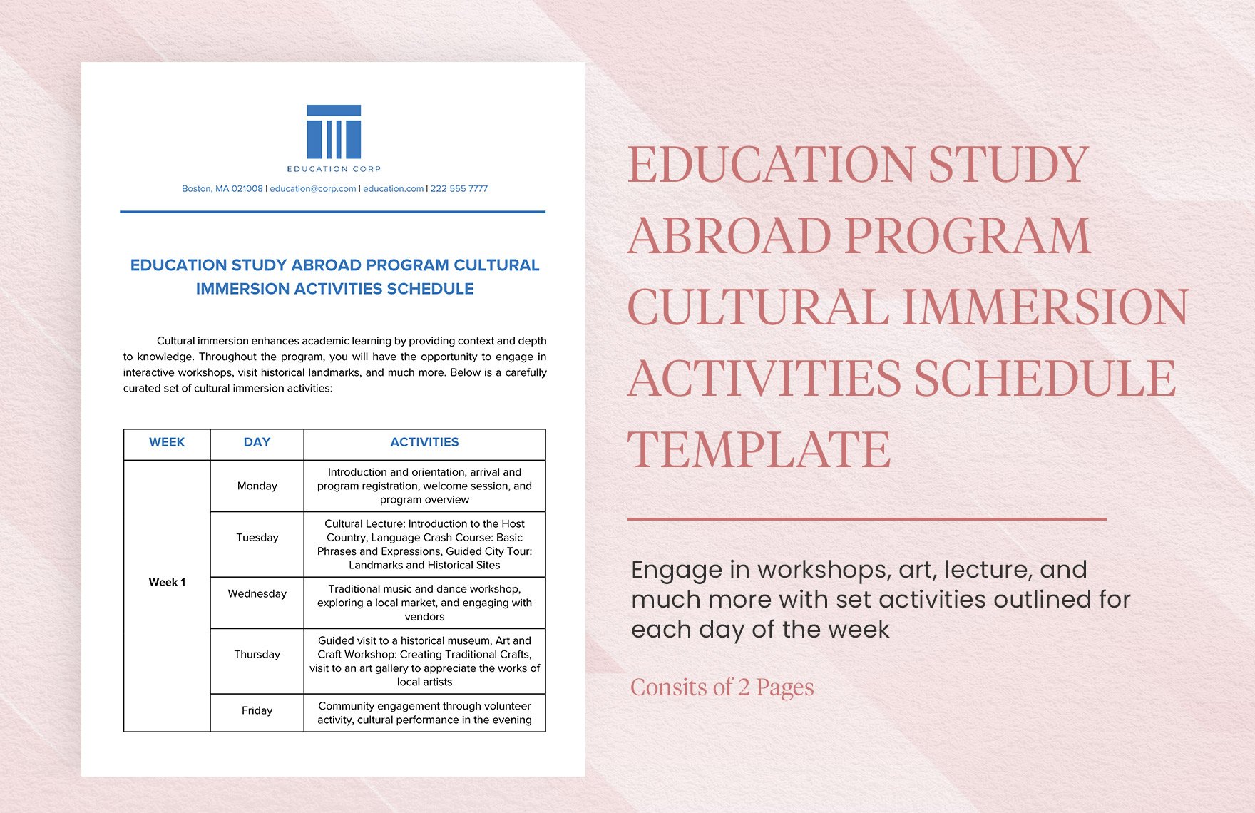 Education Study Abroad Program Cultural Immersion Activities Schedule Template