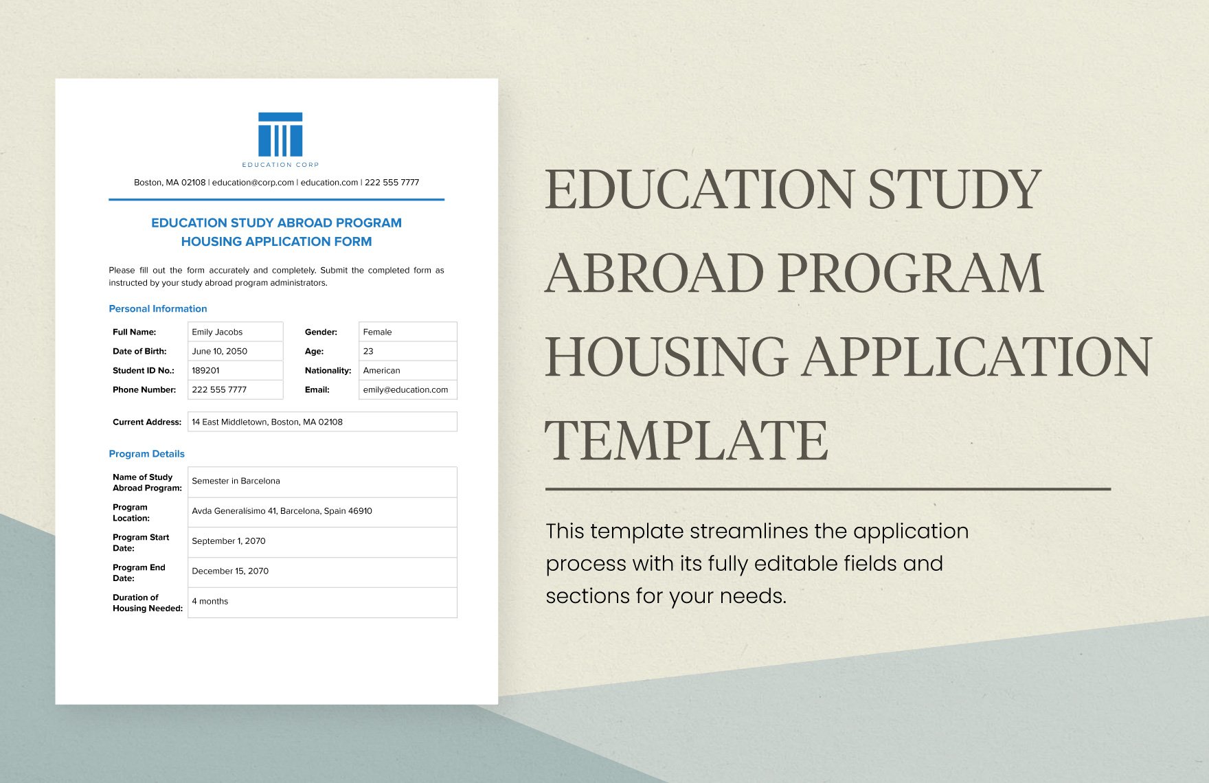 Education Study Abroad Program Housing Application Form Template