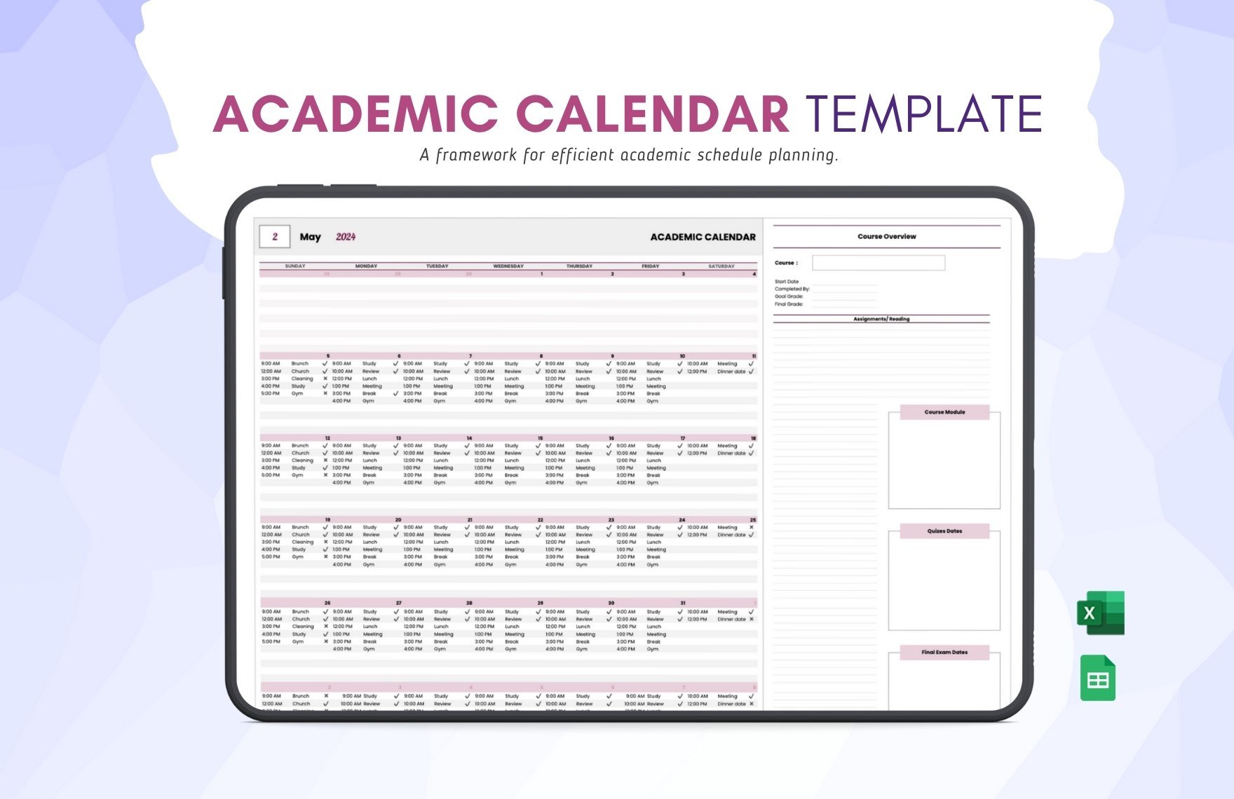 Academic Calendar Template in Excel, Google Sheets