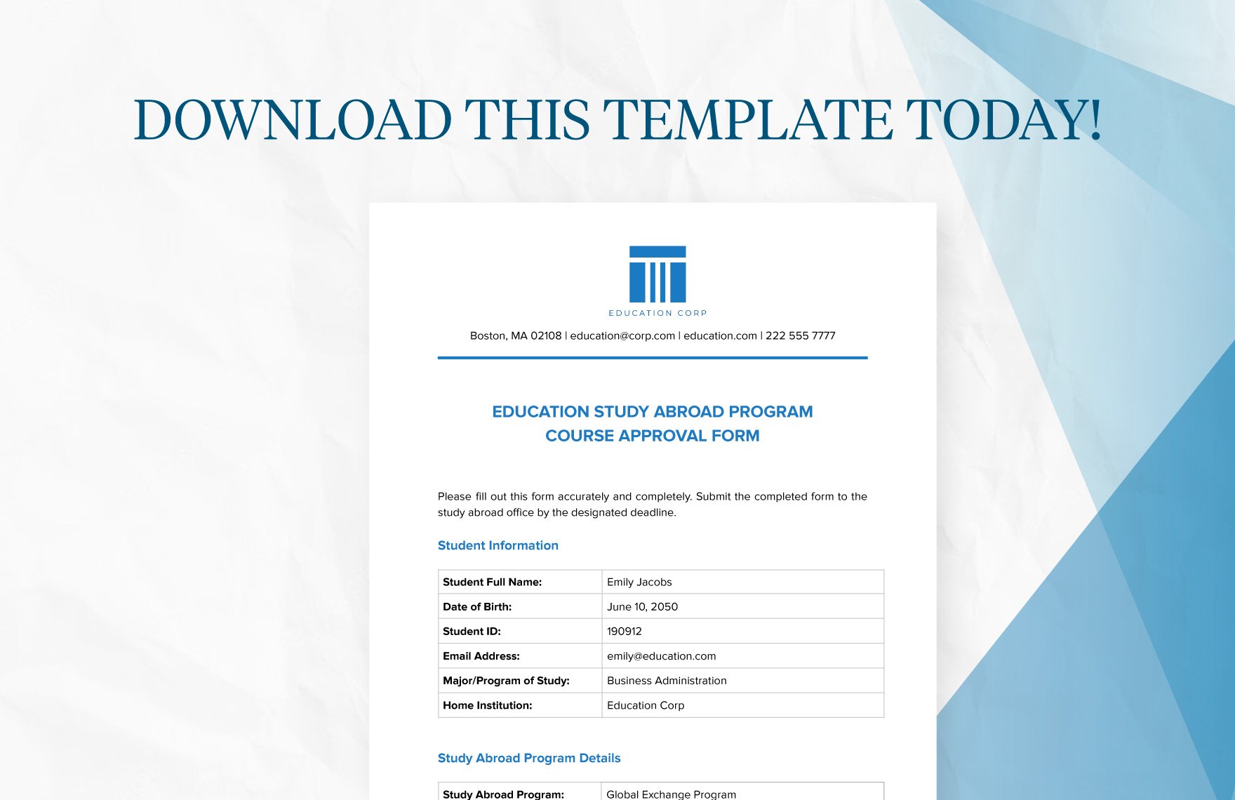 Education Study Abroad Program Course Approval Form Template