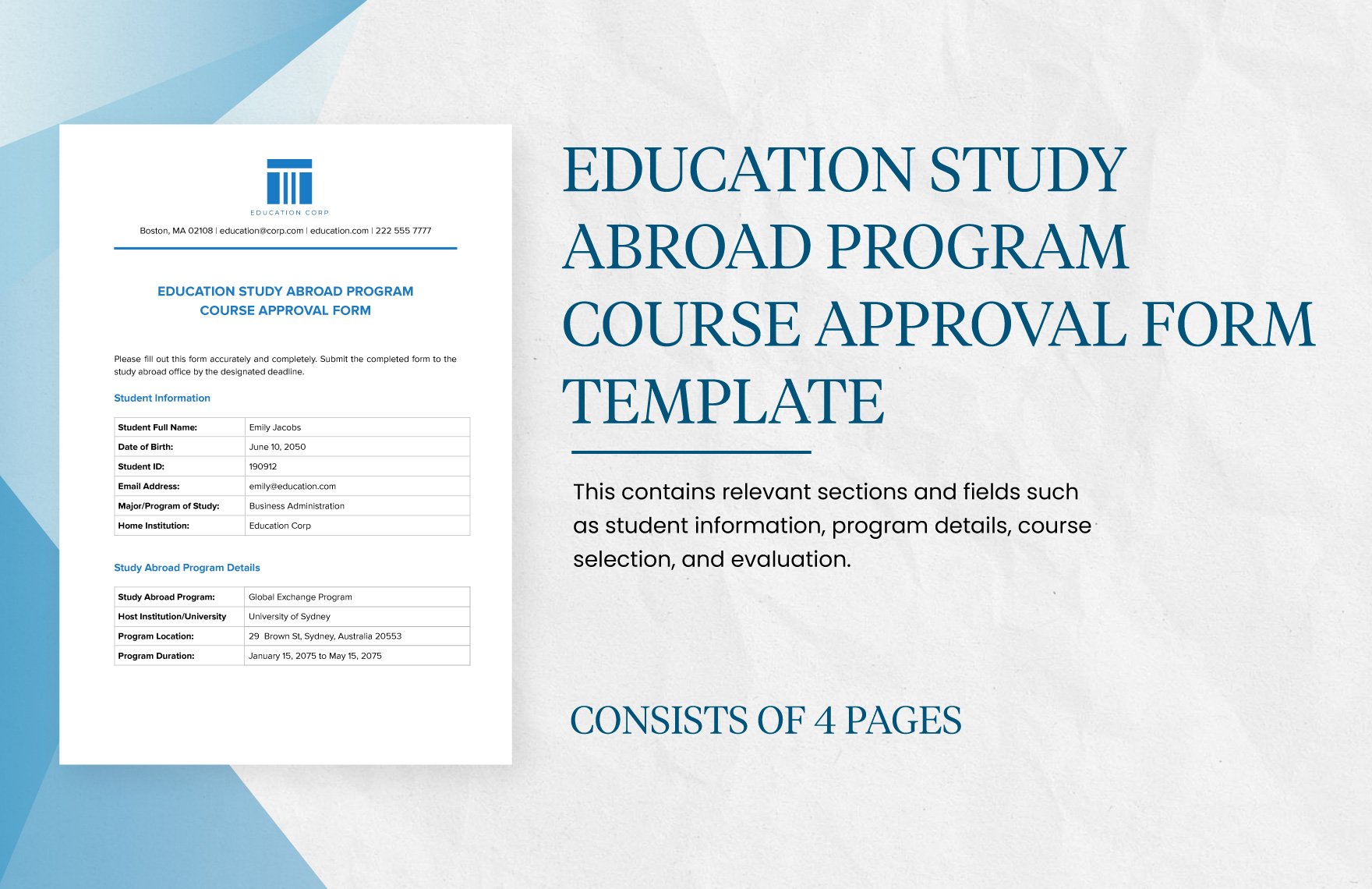 Education Study Abroad Program Course Approval Form Template