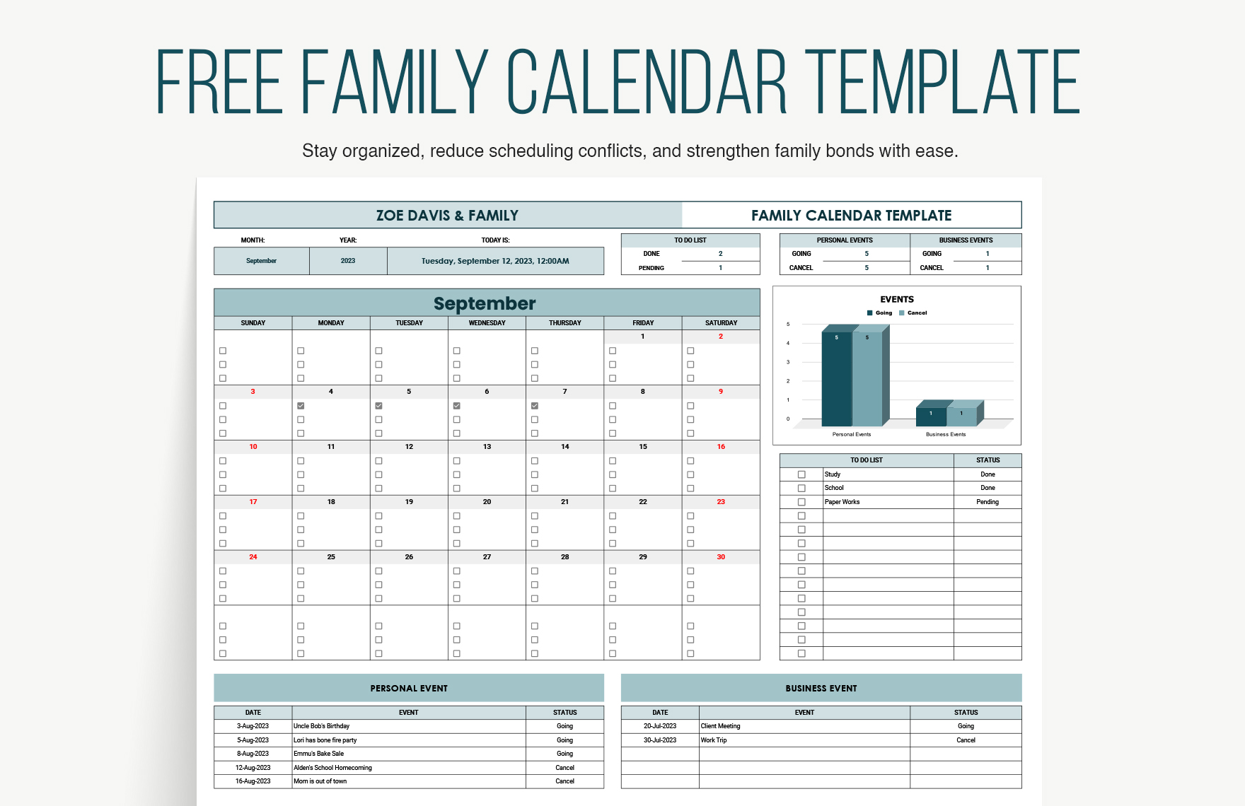 Free Family Calendar Template in Excel, Google Sheets