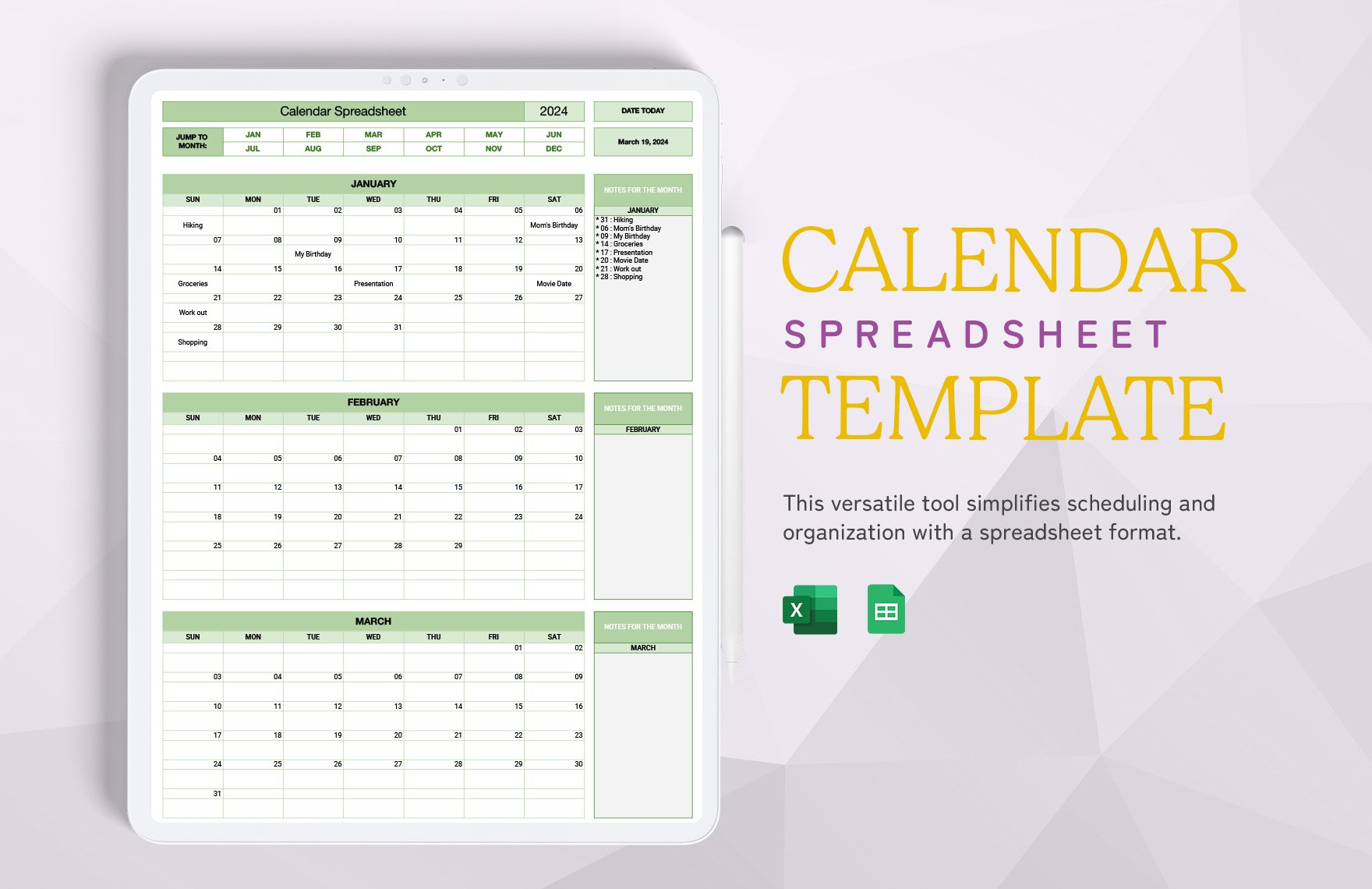Calendar Spreadsheet Template in Excel Google Sheets Download