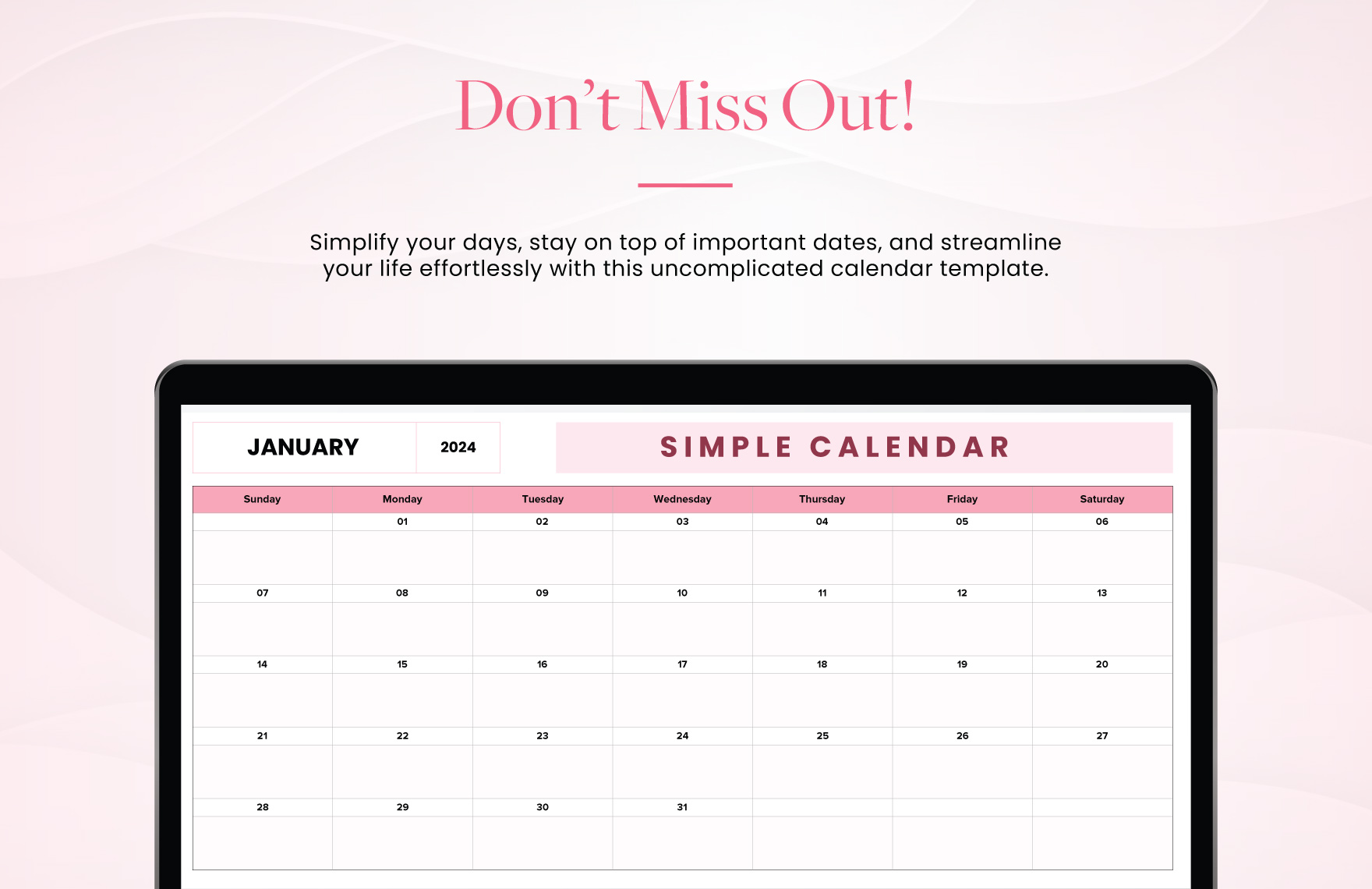 Free Simple Calendar Template - Download in Excel, Google Sheets, Adobe ...