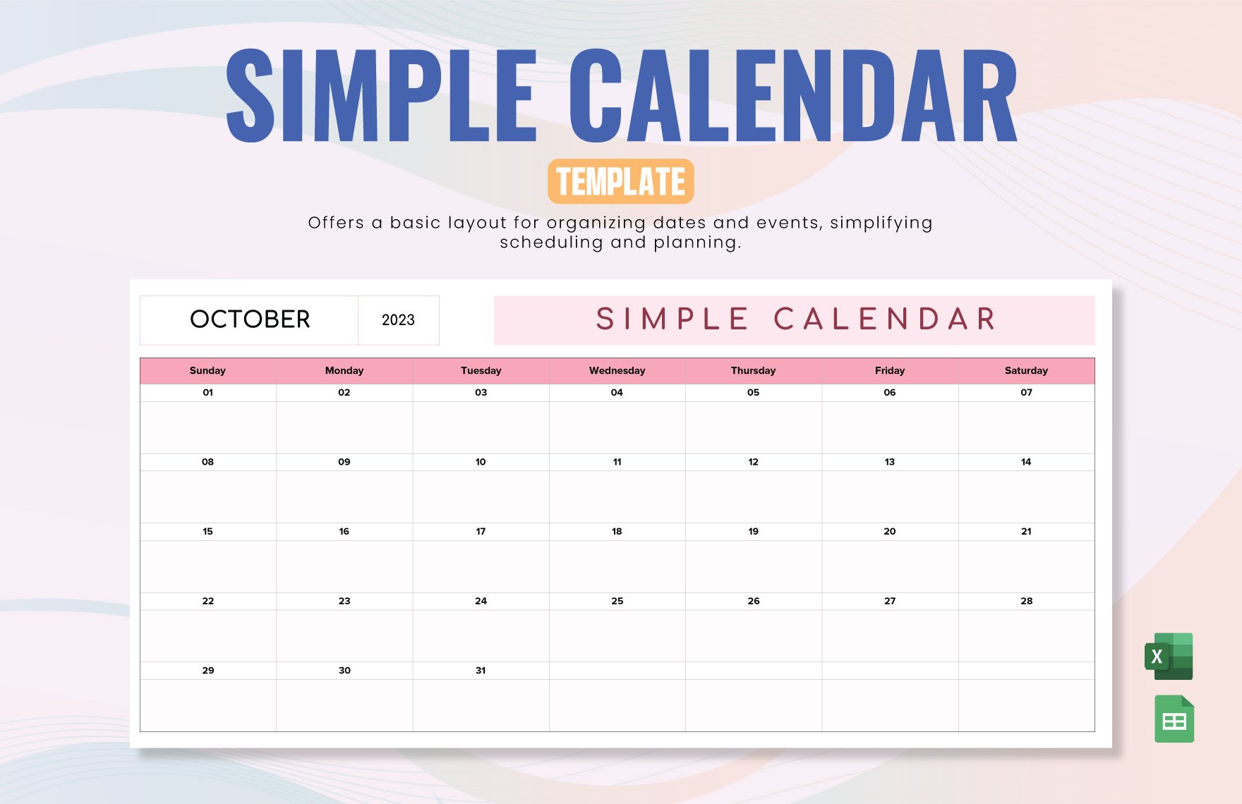 Free Simple Calendar Template in Excel, Google Sheets, Adobe XD