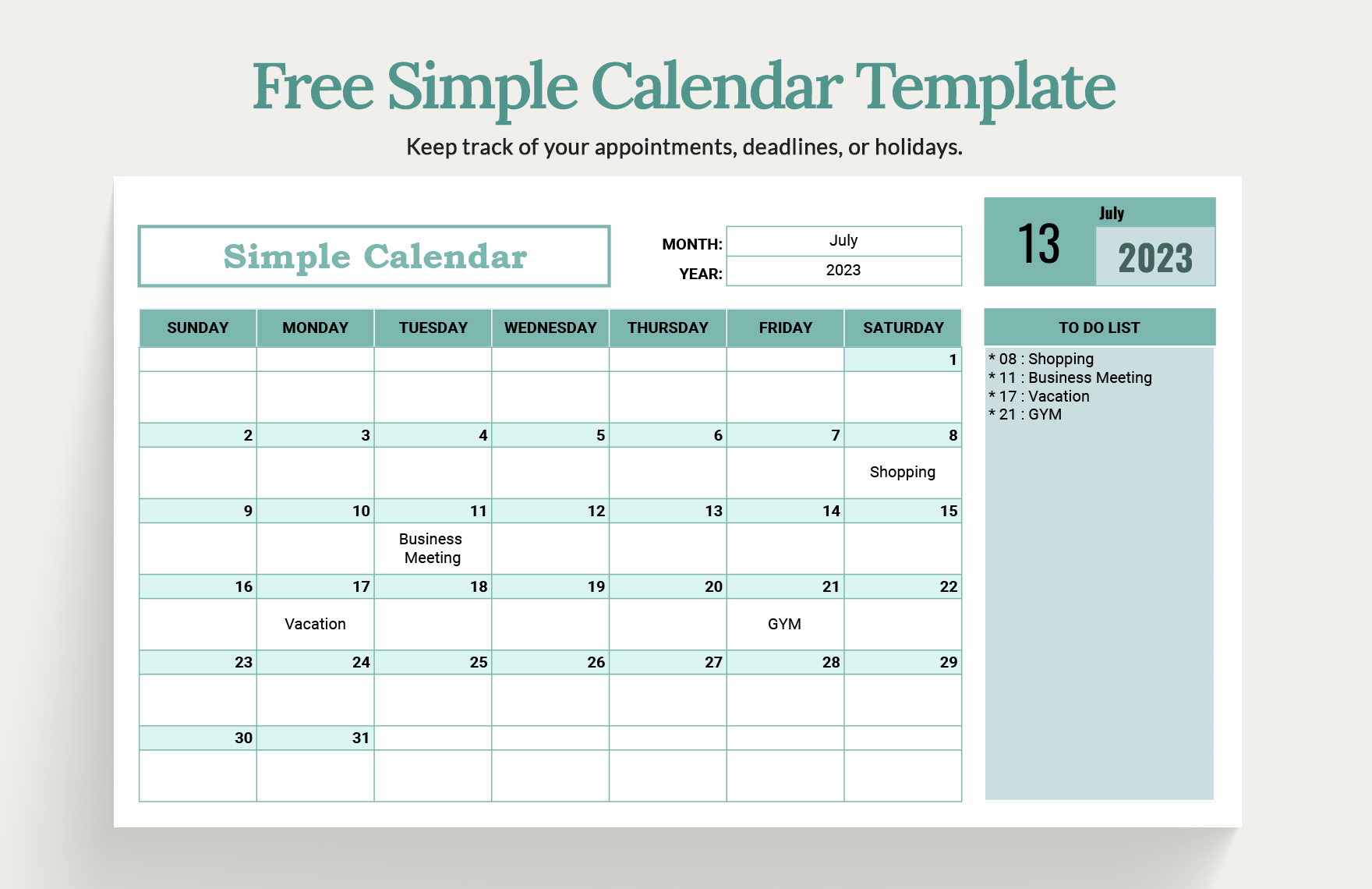 Free Simple Calendar Template Download In Excel Google Sheets Adobe