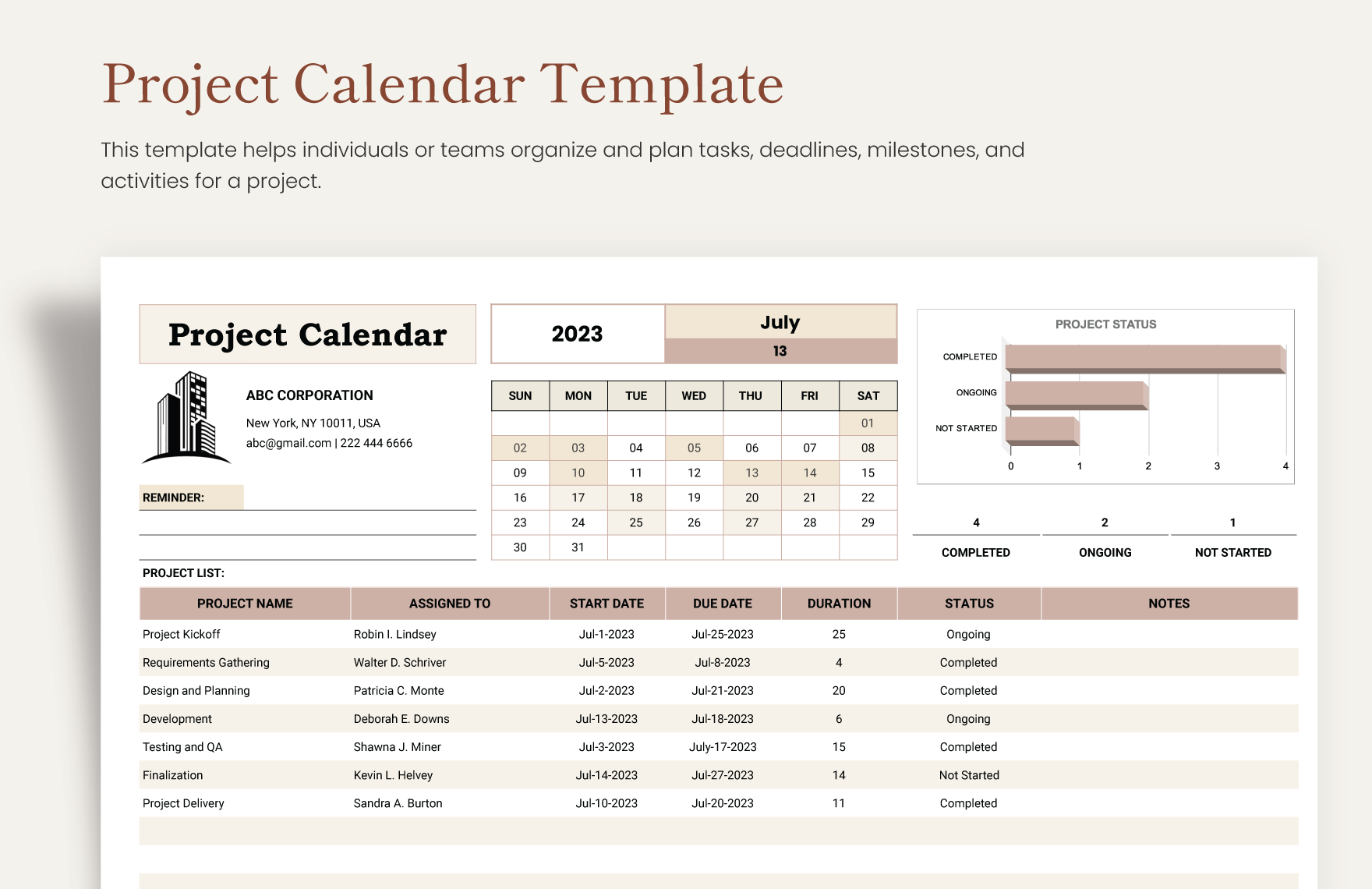 excel project calendar template