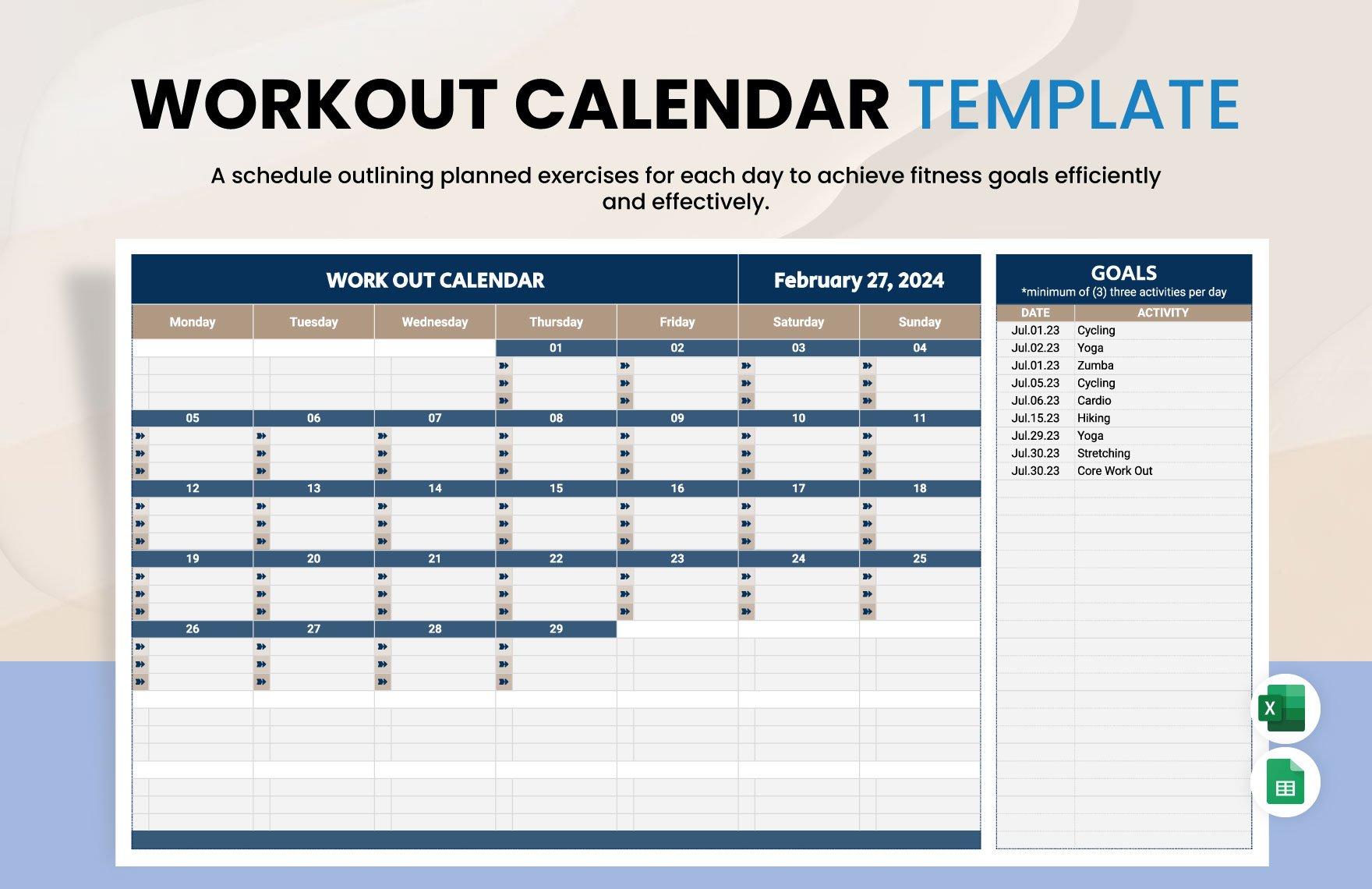 Workout Calendar Template in Excel, Google Sheets