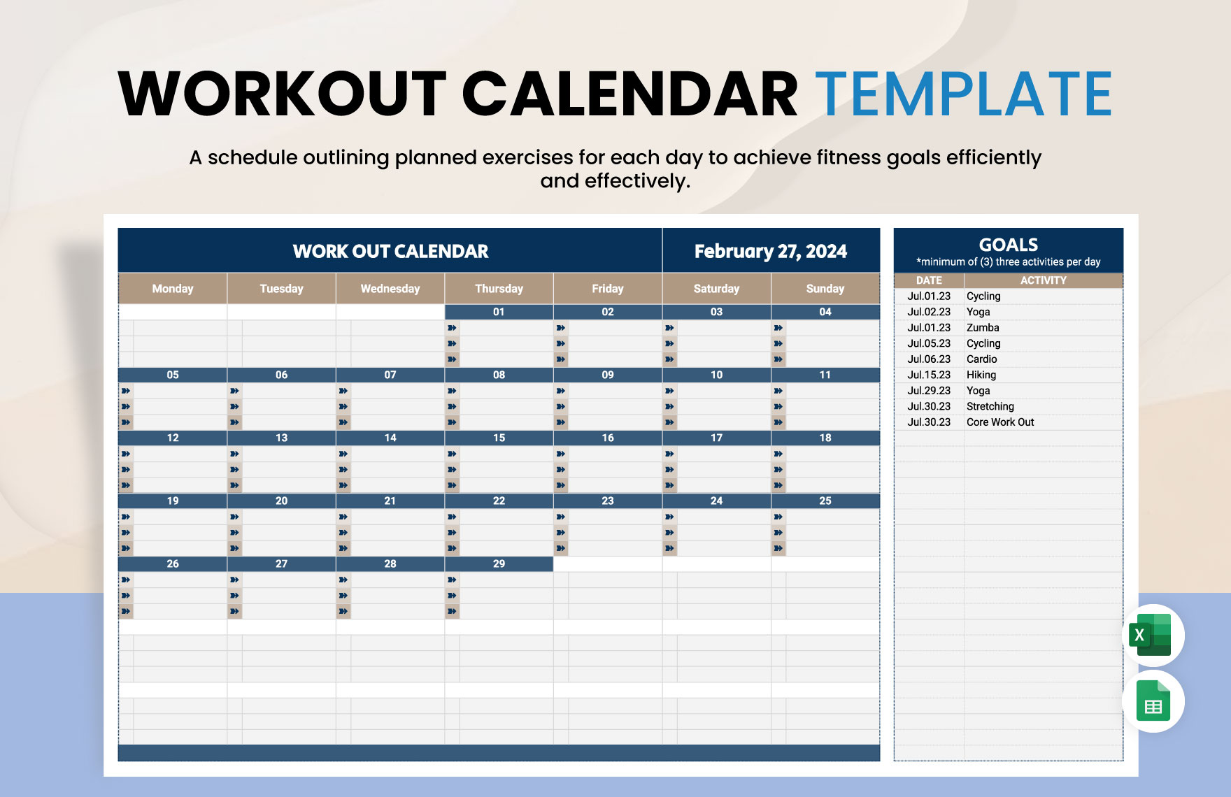 Workout Calendar Template in Excel, Google Sheets - Download | Template.net