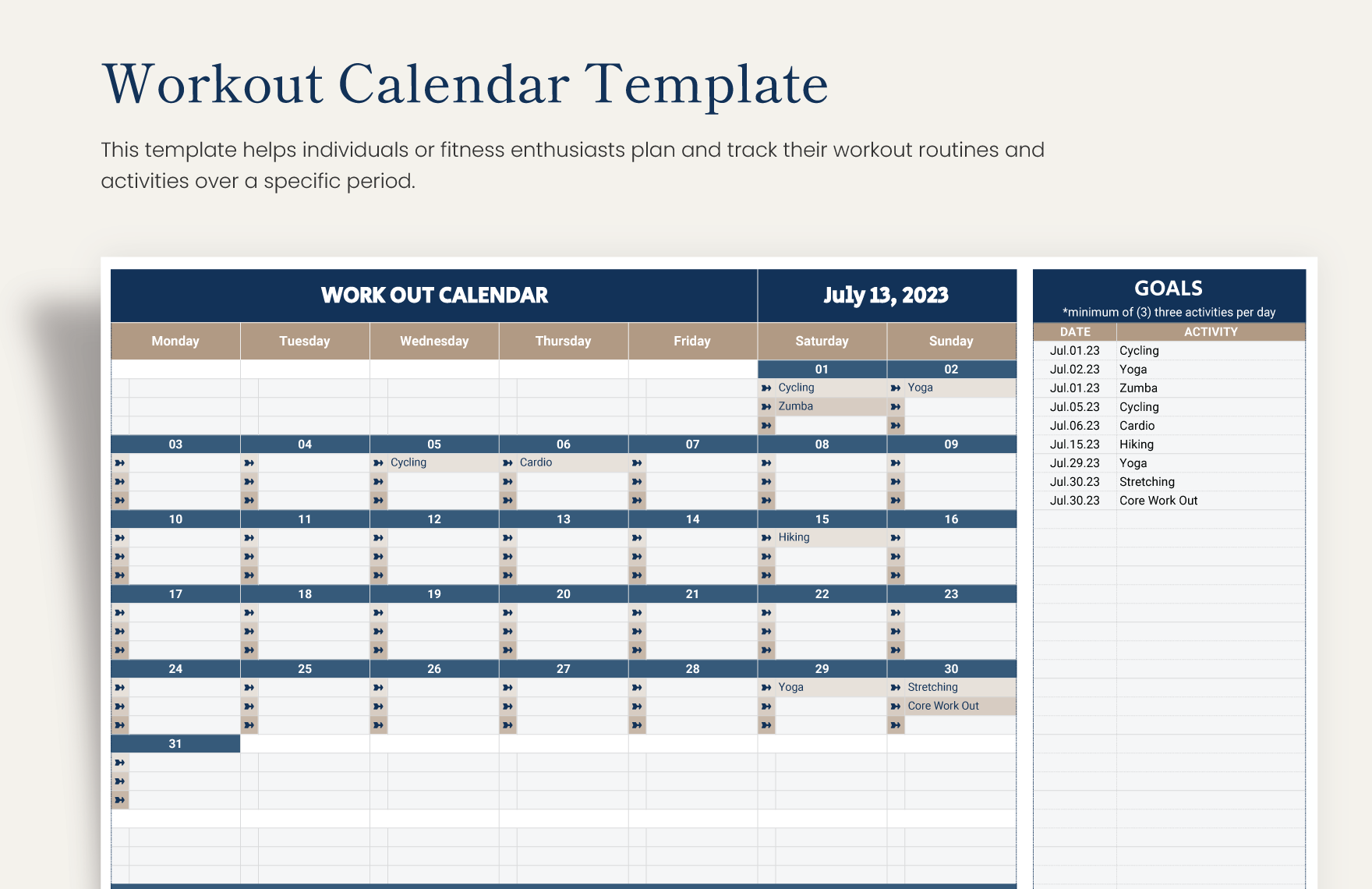 Workout Calendar Template