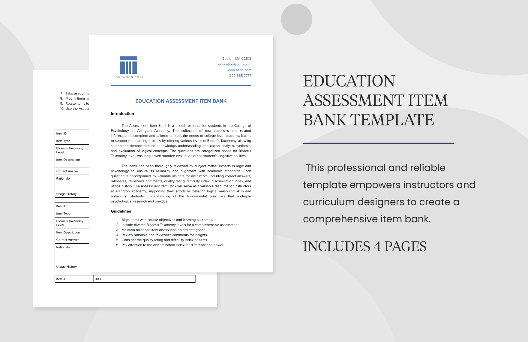 Education Assessment Item Bank Template in Word, Google Docs, PDF