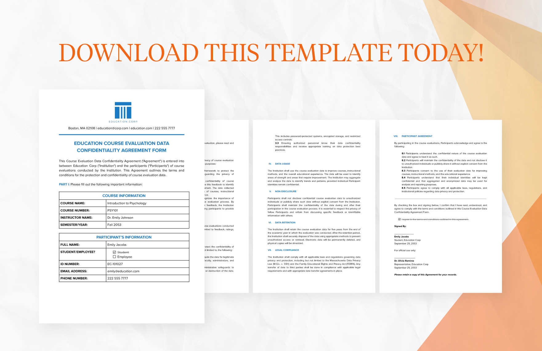 Education Course Evaluation Data Confidentiality Agreement Form Template