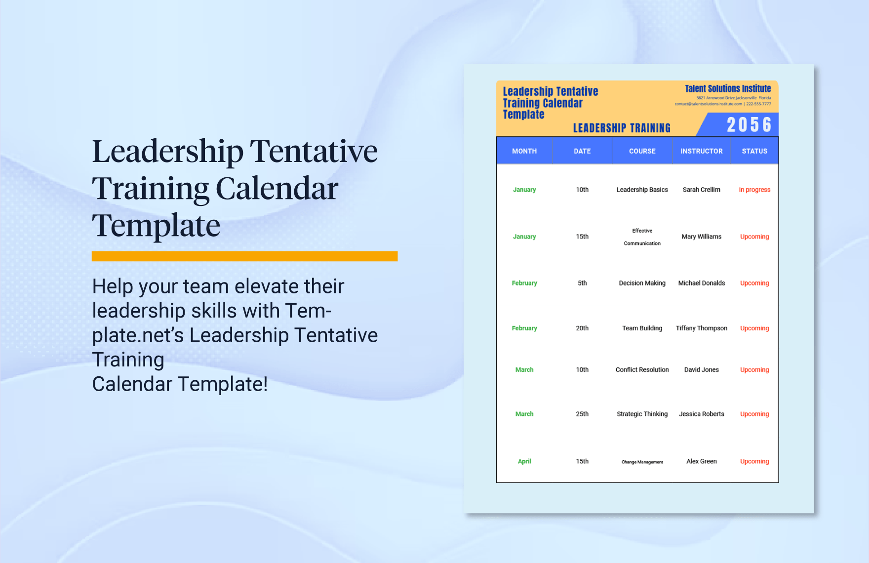 Leadership Tentative Training Calendar Template