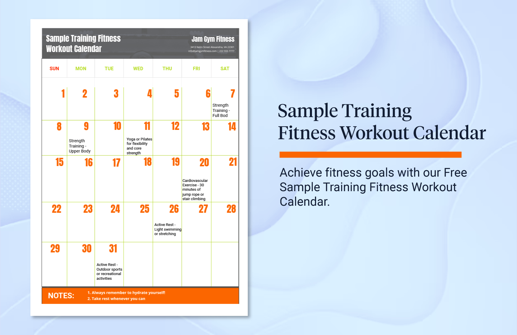  Sample Training Fitness Workout Calendar