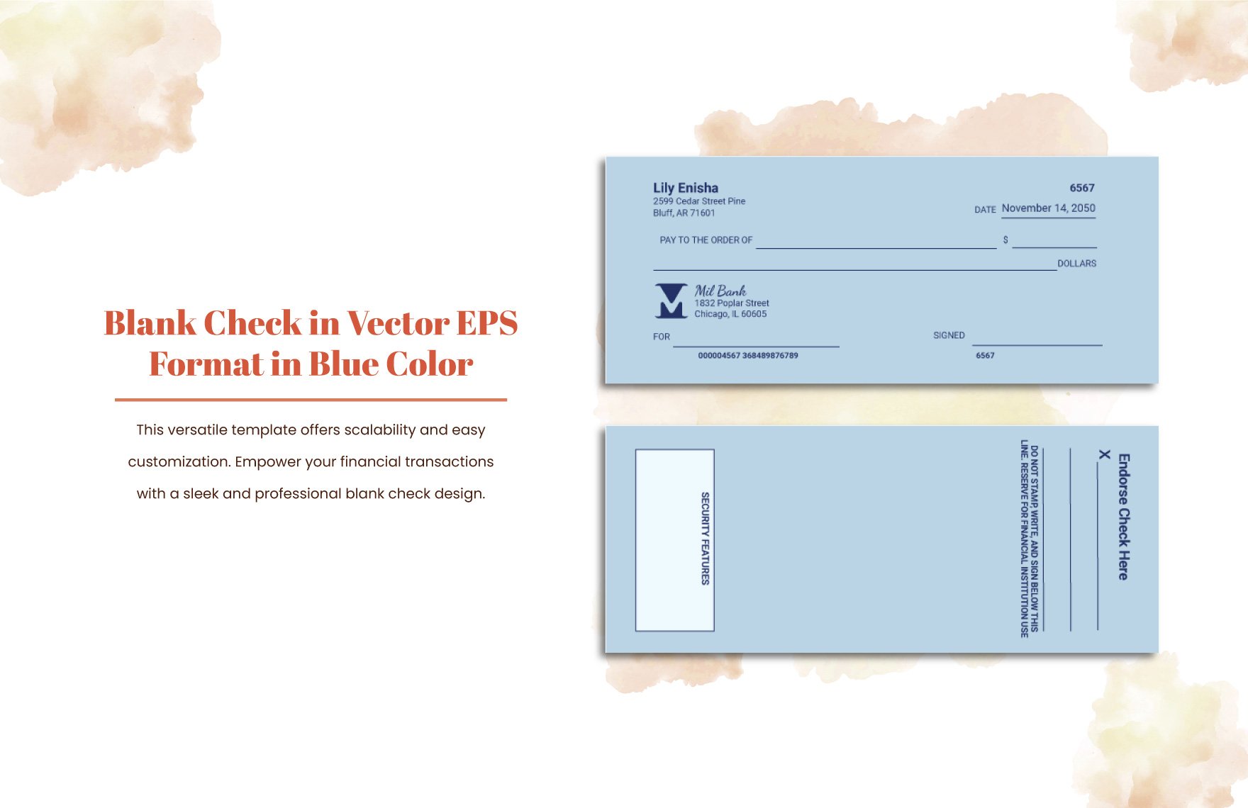 Blank Check in Vector EPS Format in Blue Color in Word, Illustrator, PSD