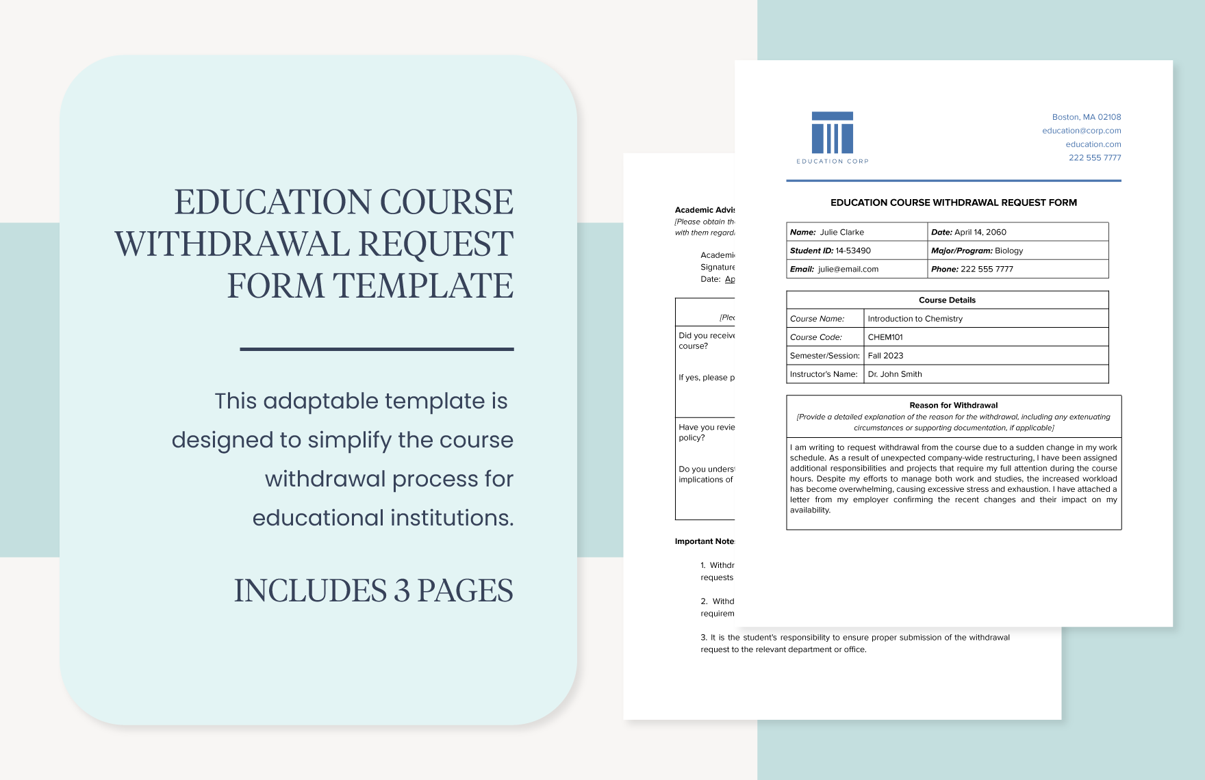 Education Course Withdrawal Request Form Template