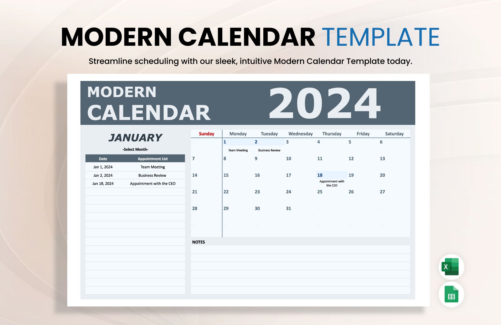 Modern Calendar Template in Excel, Google Sheets