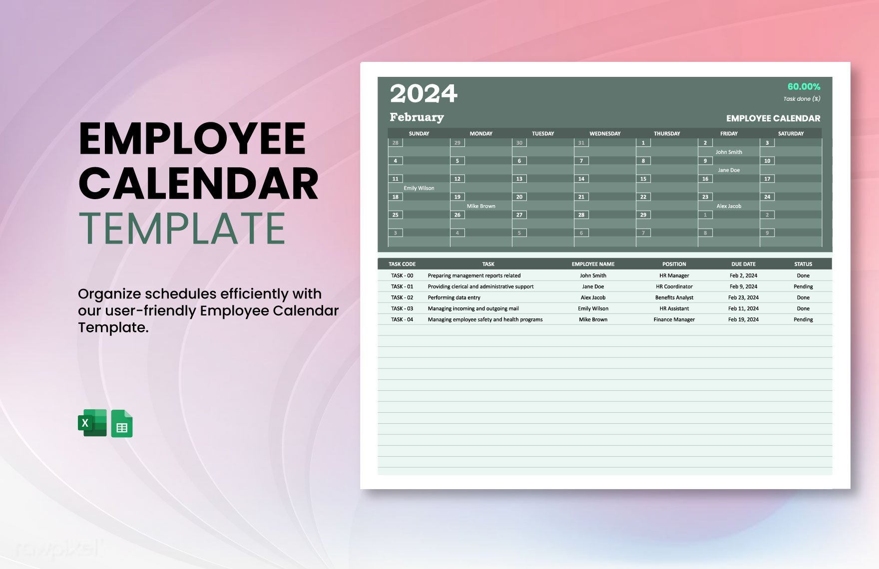 Employee Calendar Template in Excel, Google Sheets