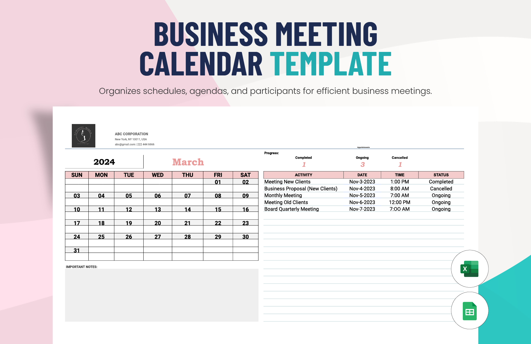 Business Meeting Calendar Template in Excel, Google Sheets
