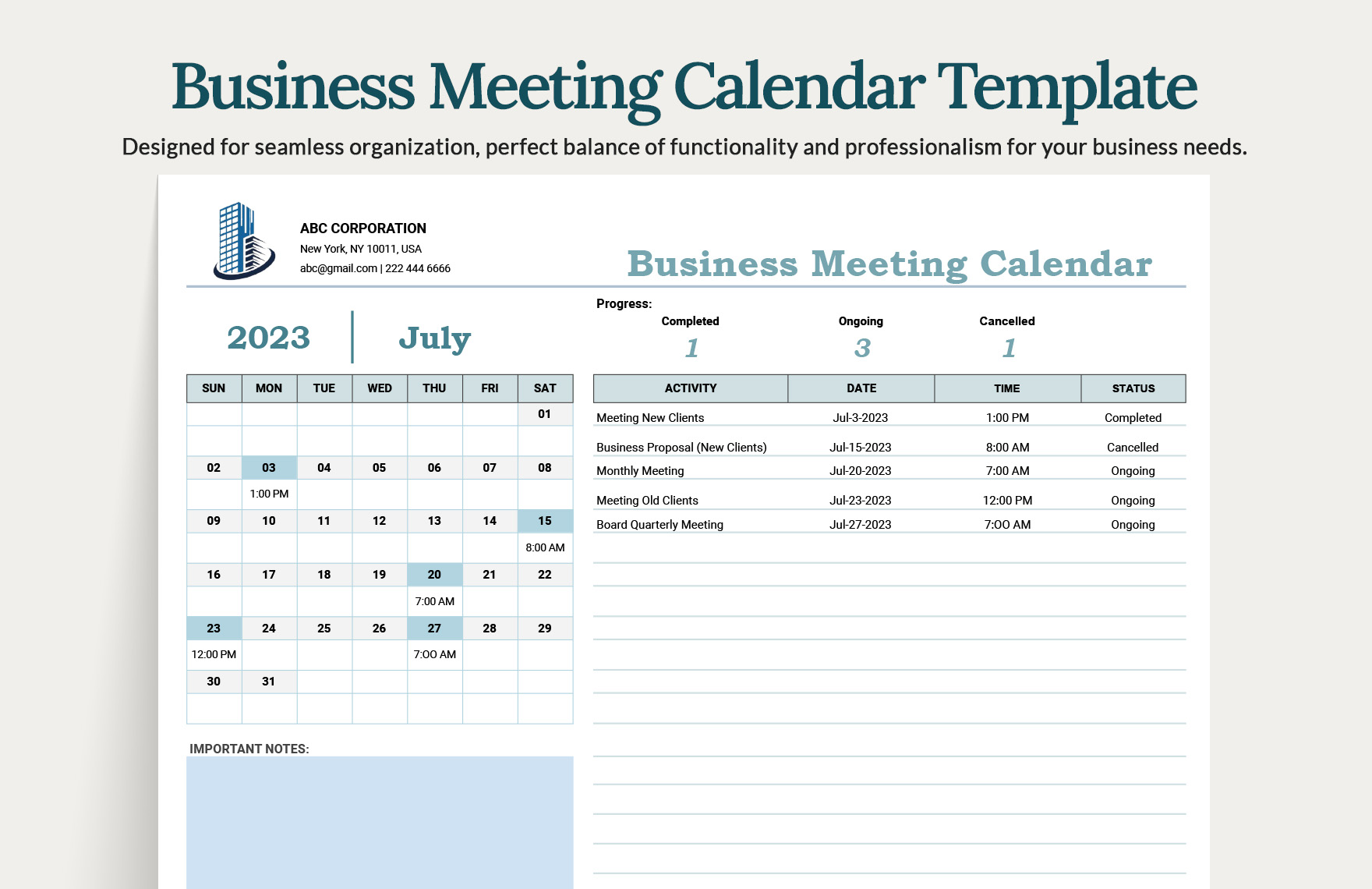 Business Meeting Calendar Template In MS Excel Google Sheets Download