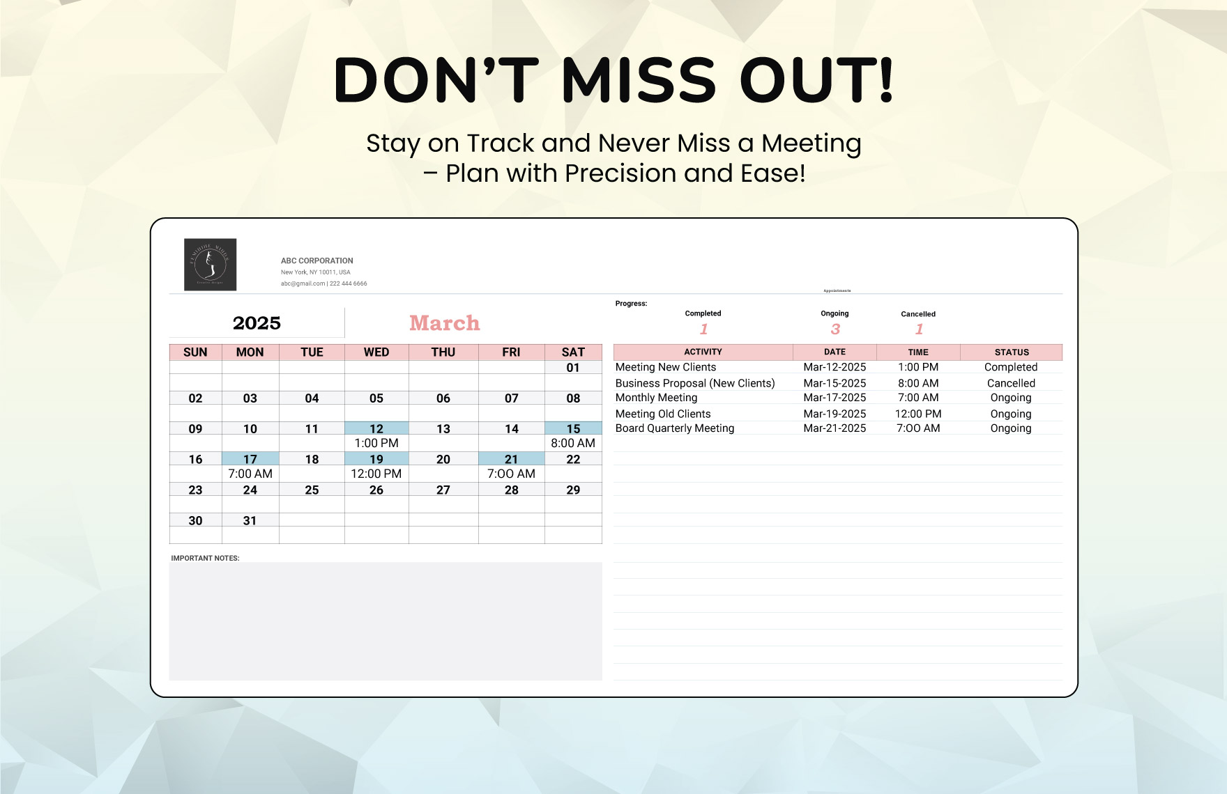 Business Meeting Calendar Template