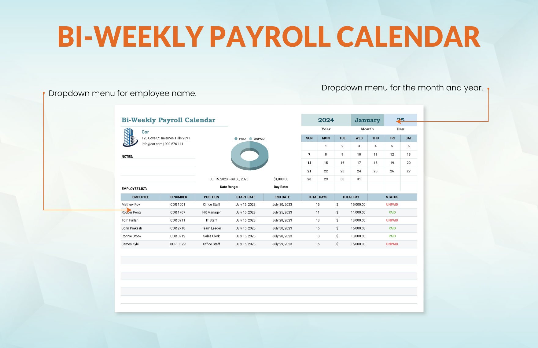 BiWeekly Payroll Calendar Template in Excel, Google Sheets Download