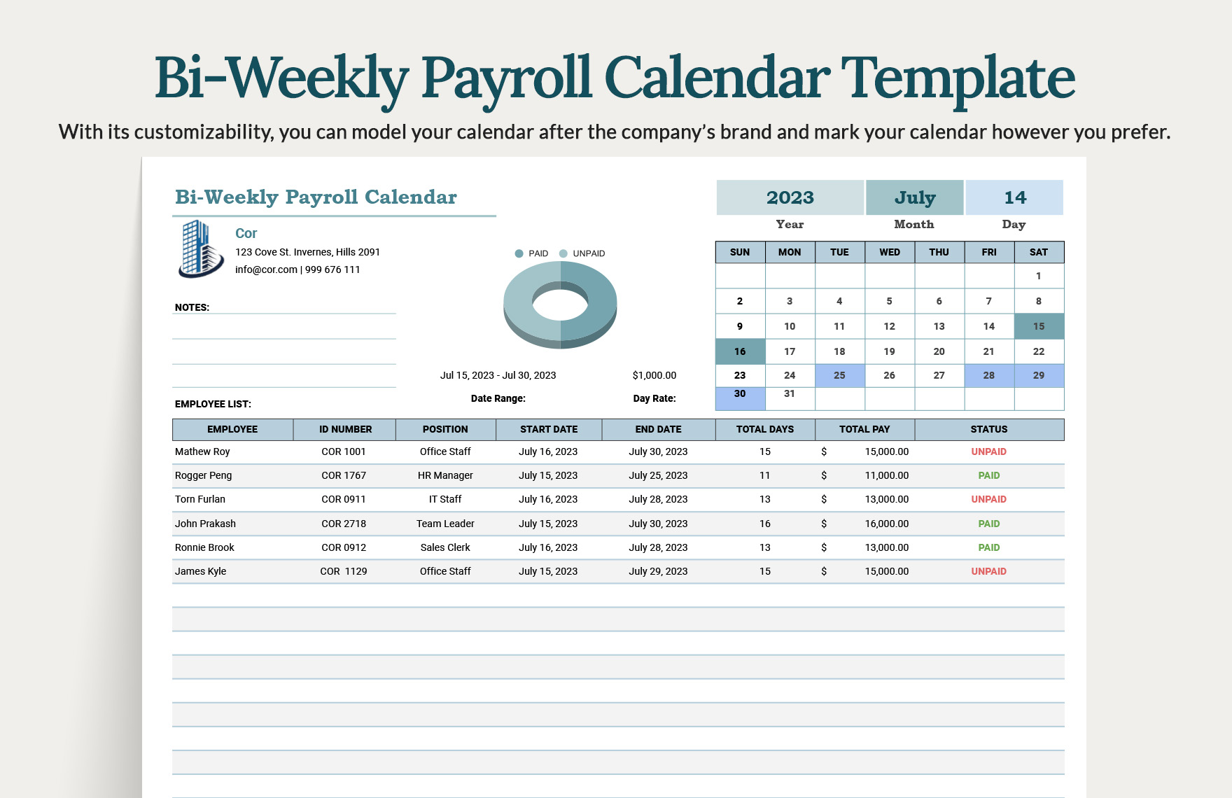 2024 Biweekly Payroll Calendar Template Excel Free