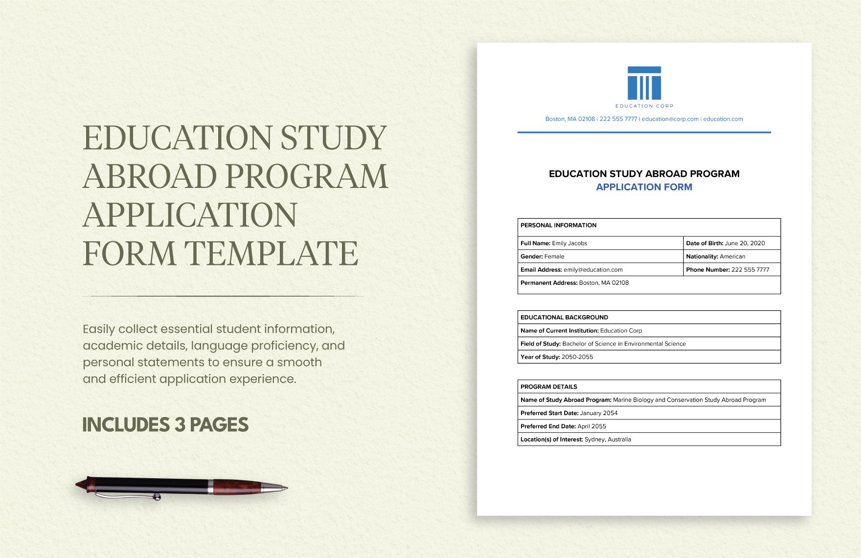 Education Study Abroad Program Application Form Template