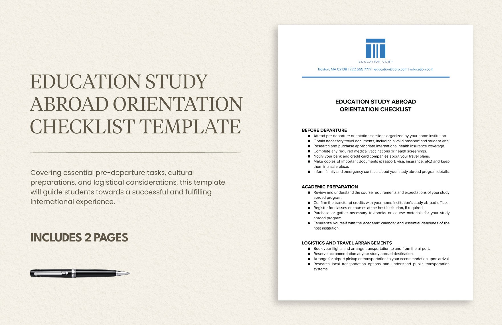 Education Study Abroad Orientation Checklist Template