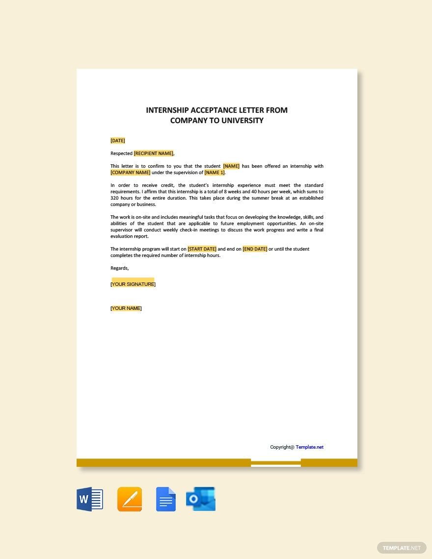 Free Internship Acceptance Letter from Company to University Template