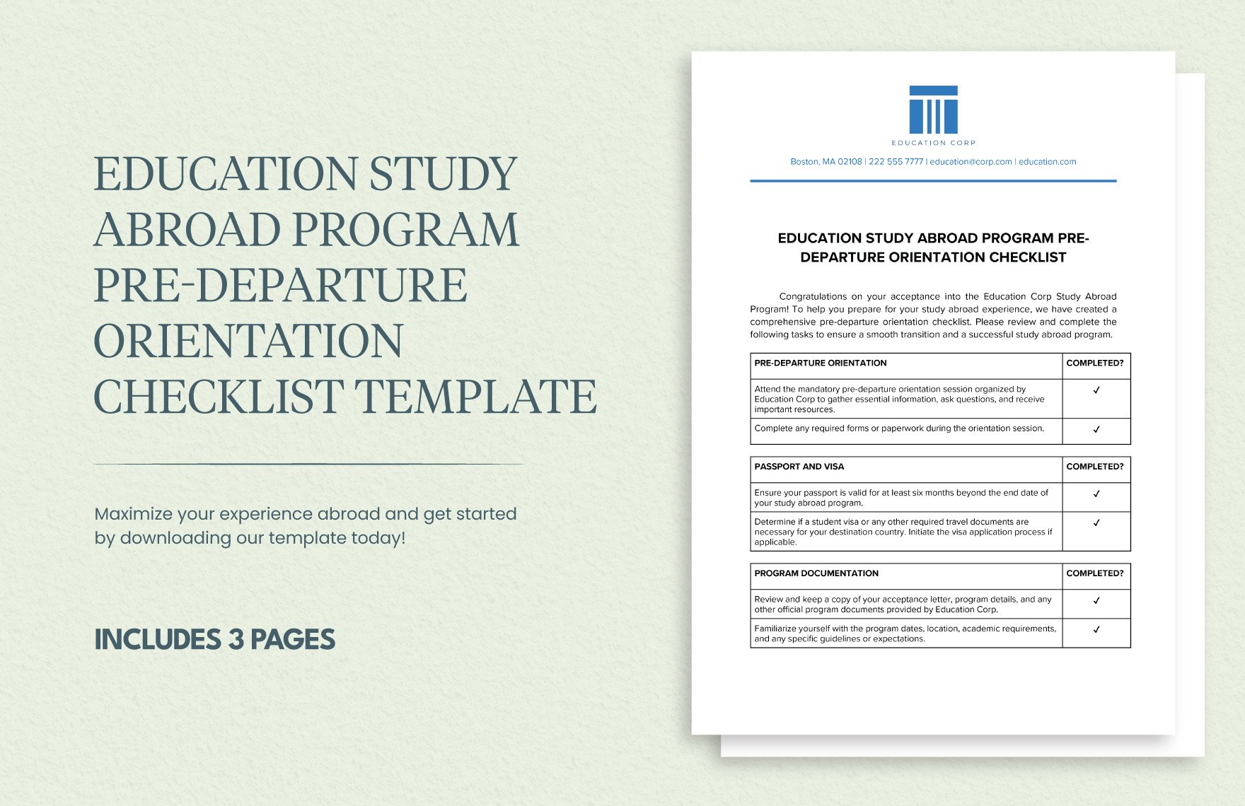 Education Study Abroad Program Pre-Departure Orientation Checklist Template