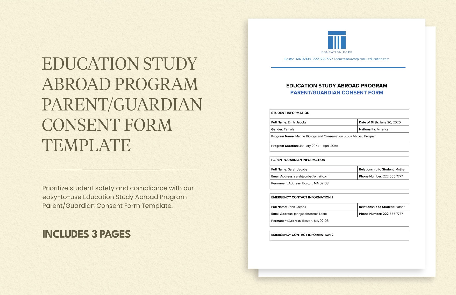 Education Study Abroad Program Parent/Guardian Consent Form Template in