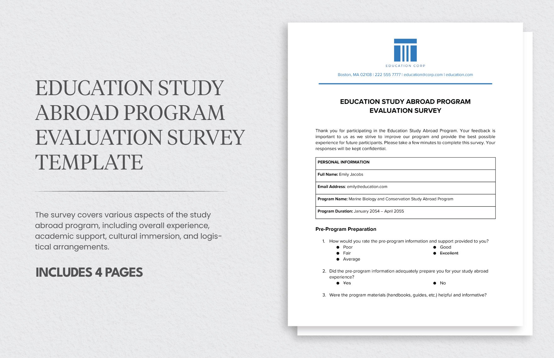 Education Study Abroad Program Evaluation Survey Template