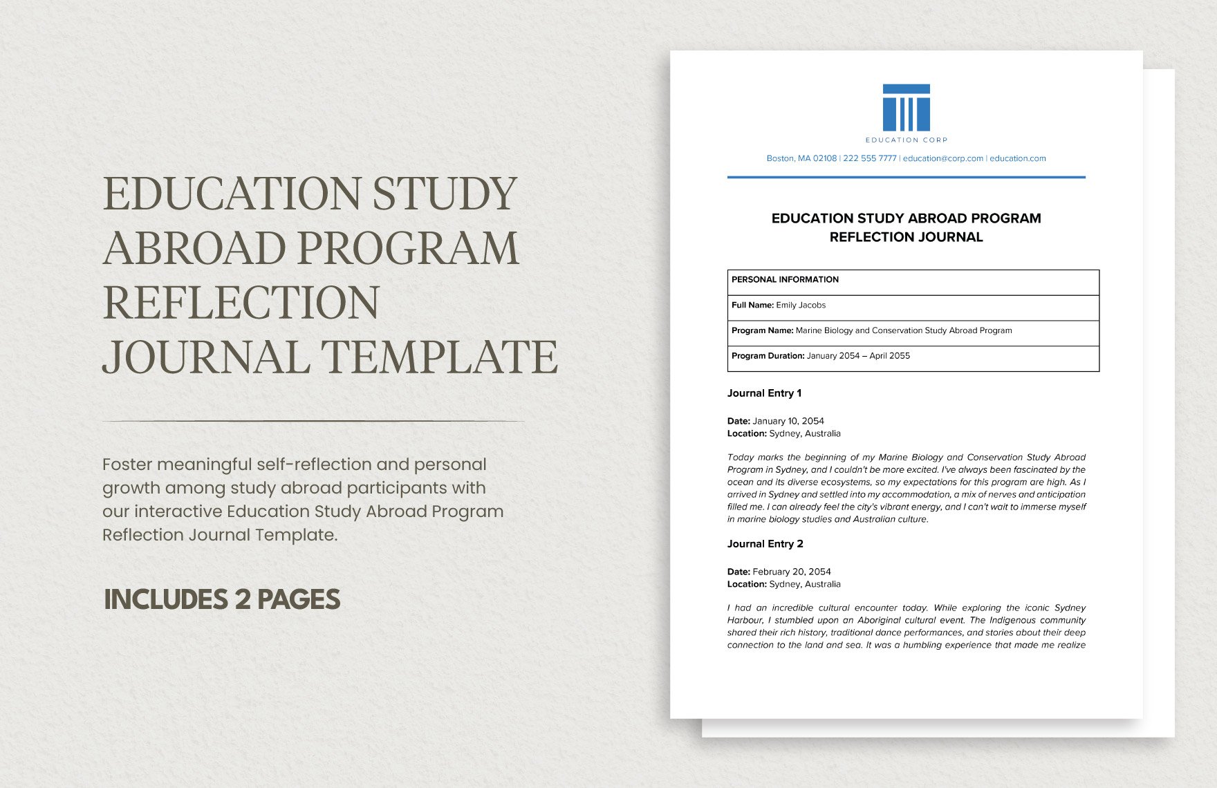 Education Study Abroad Program Reflection Journal Template in Word, Google Docs, PDF