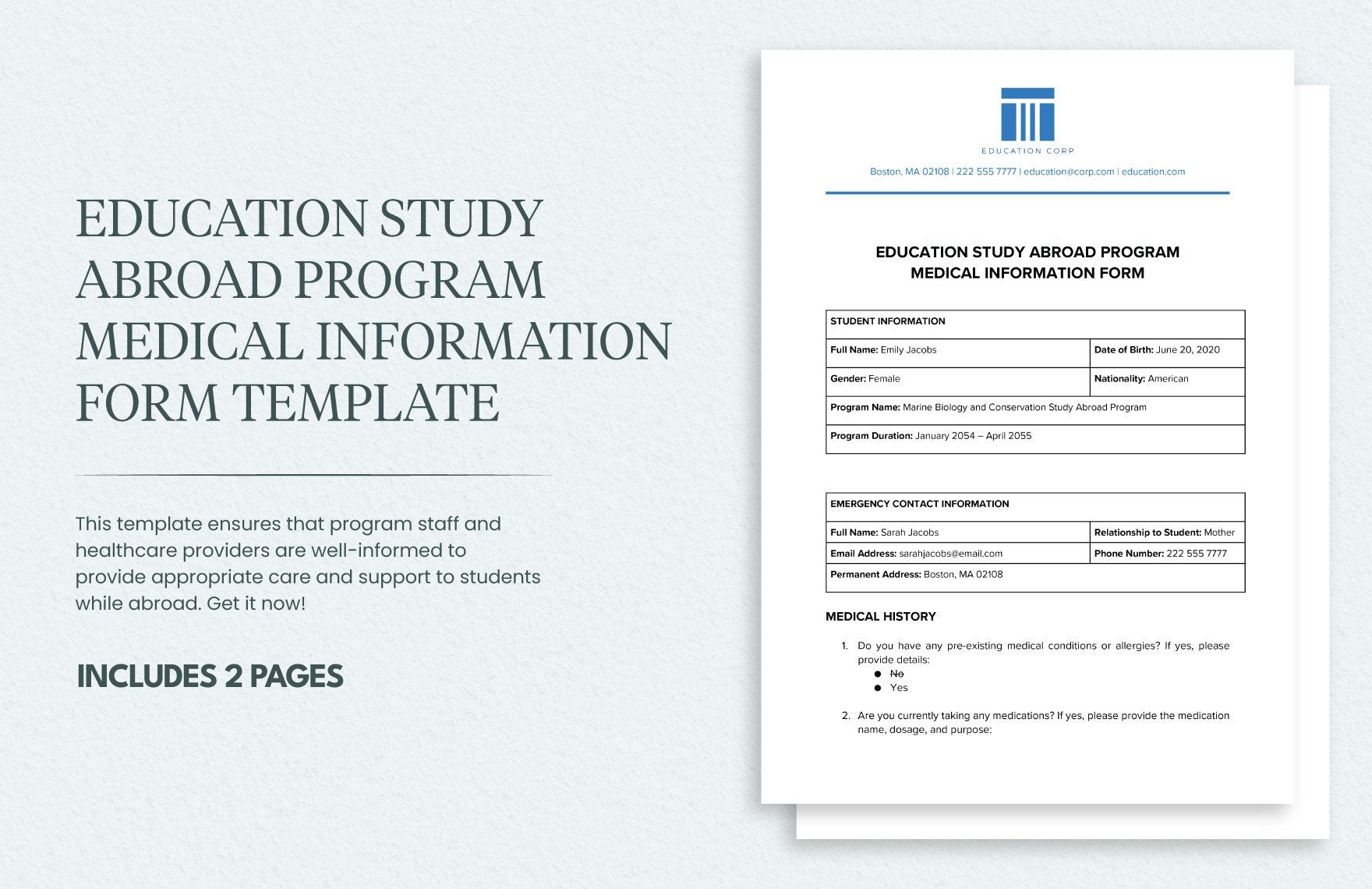 Education Study Abroad Program Medical Information Form Template