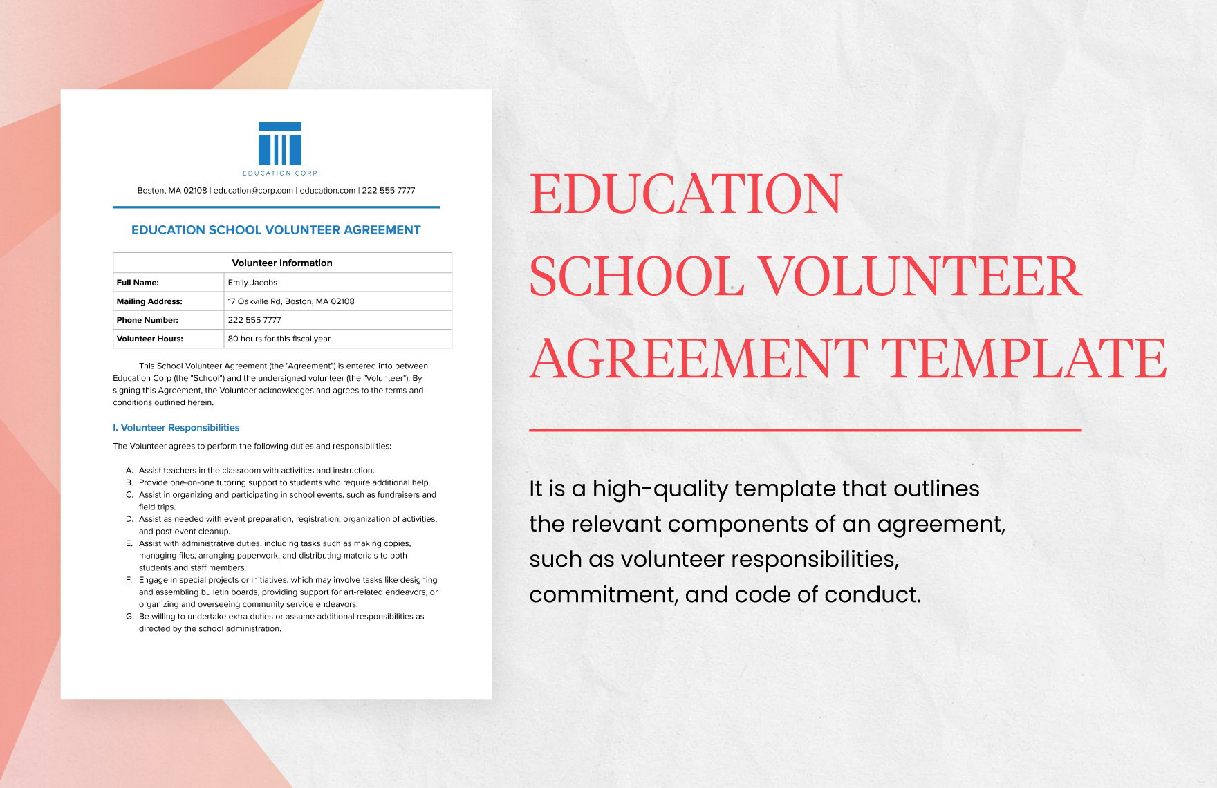 Education School Volunteer Agreement Template