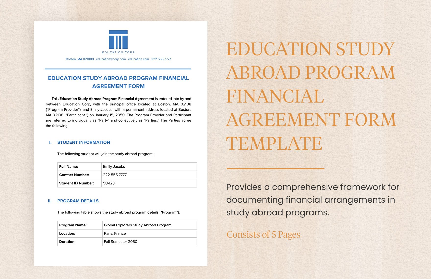 Education Study Abroad Program Financial Agreement Form Template