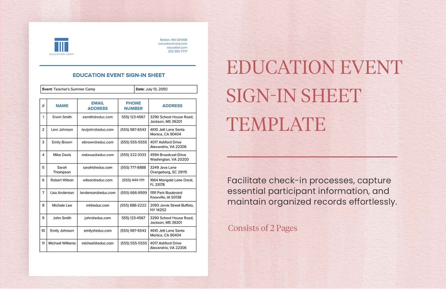 Education Event Sign-In Sheet Template