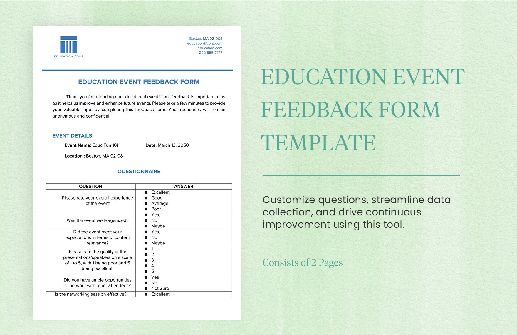 Education Event Feedback Form Template
