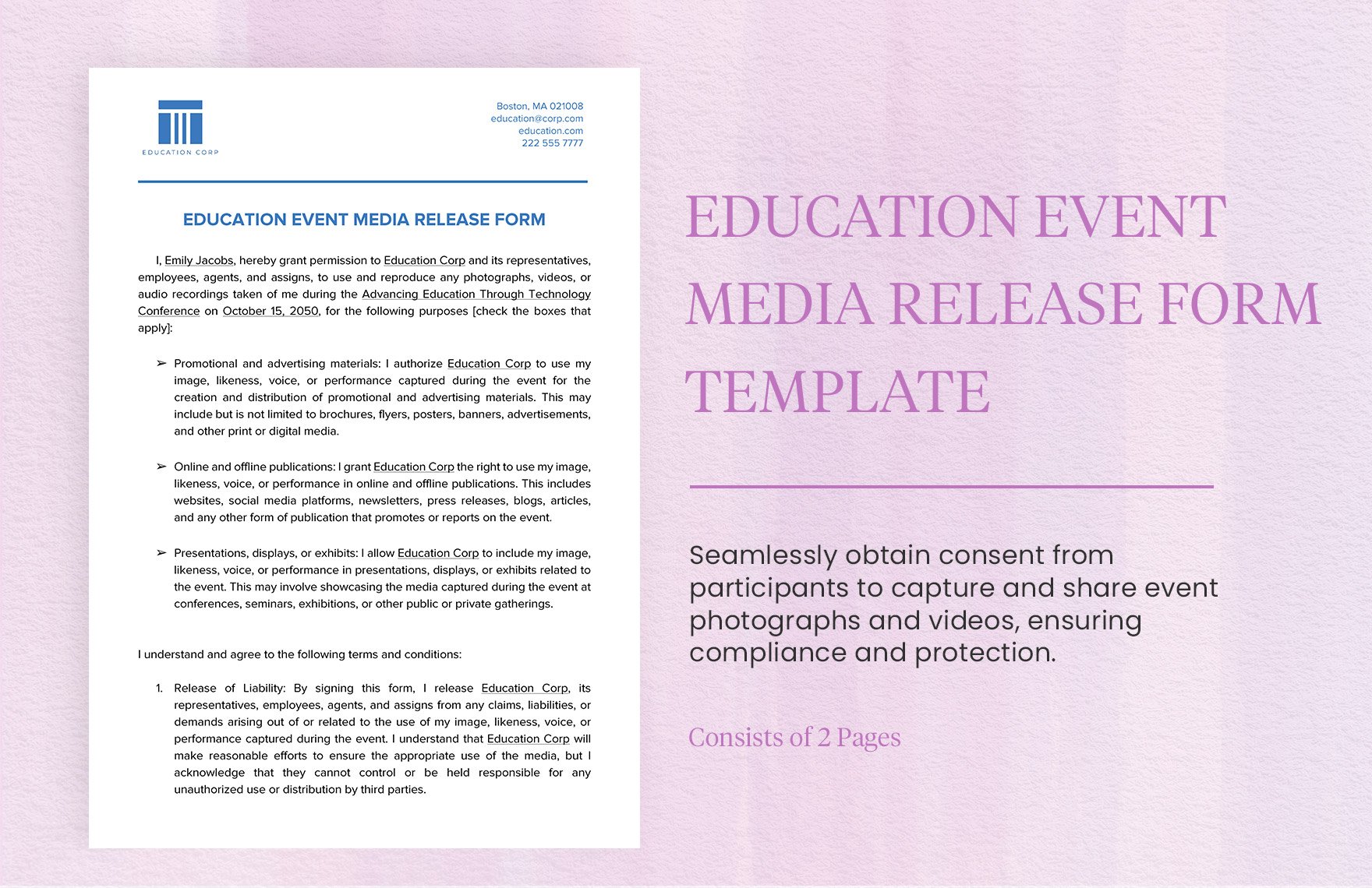 Education Event Media Release Form Template