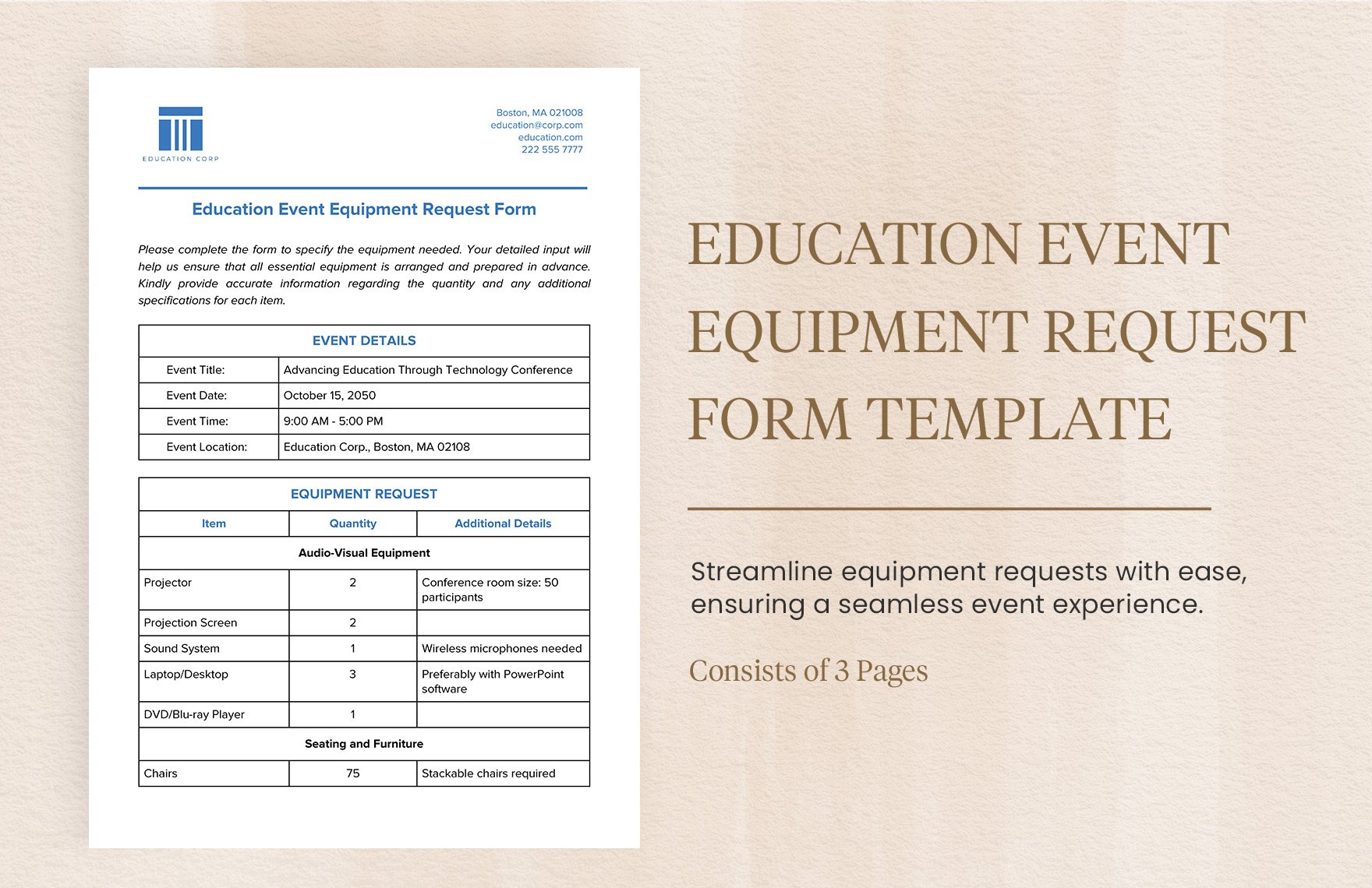 Education Event Equipment Request Form Template